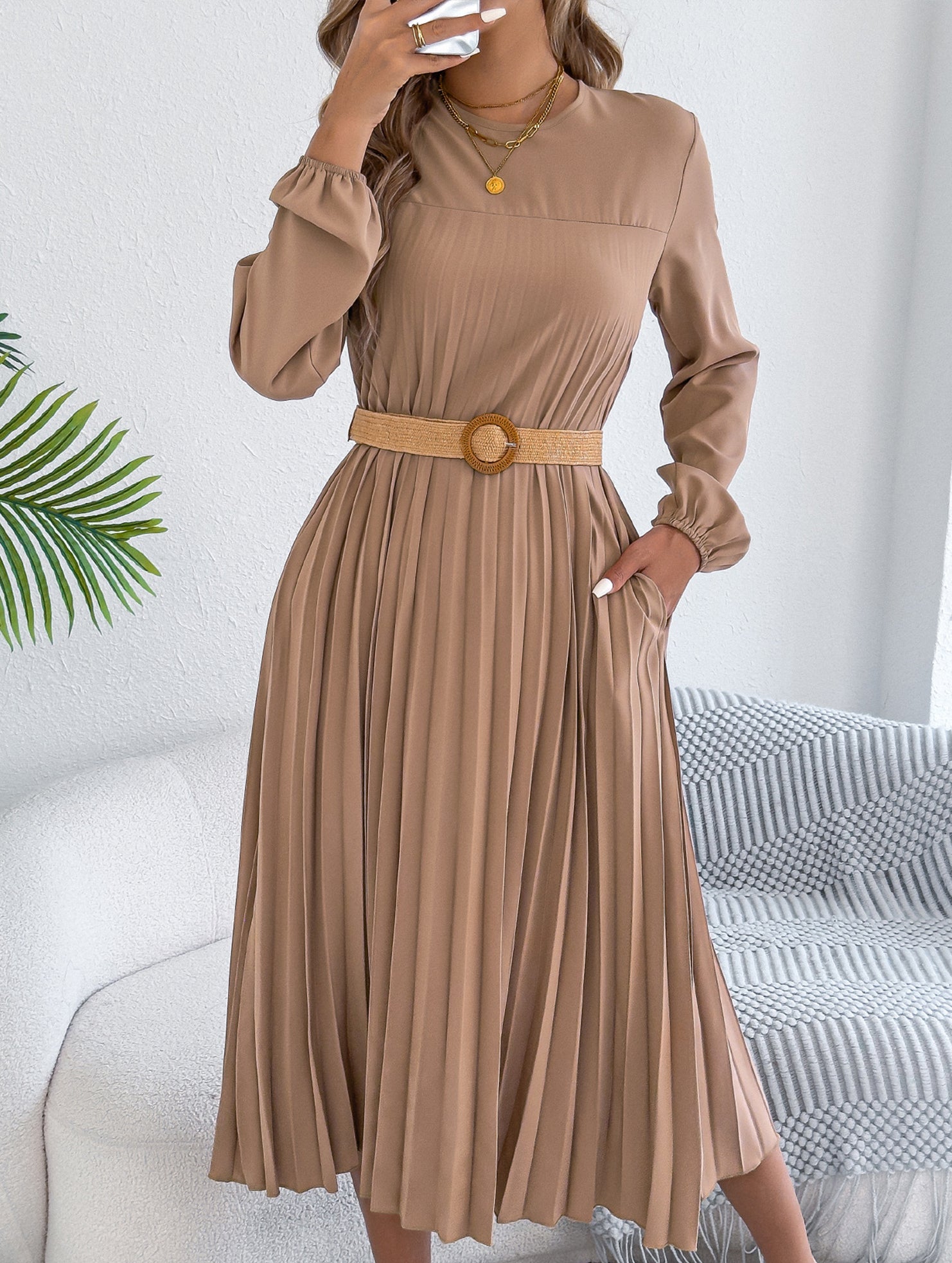 Solid Long Sleeve Pocket Pleated Dress