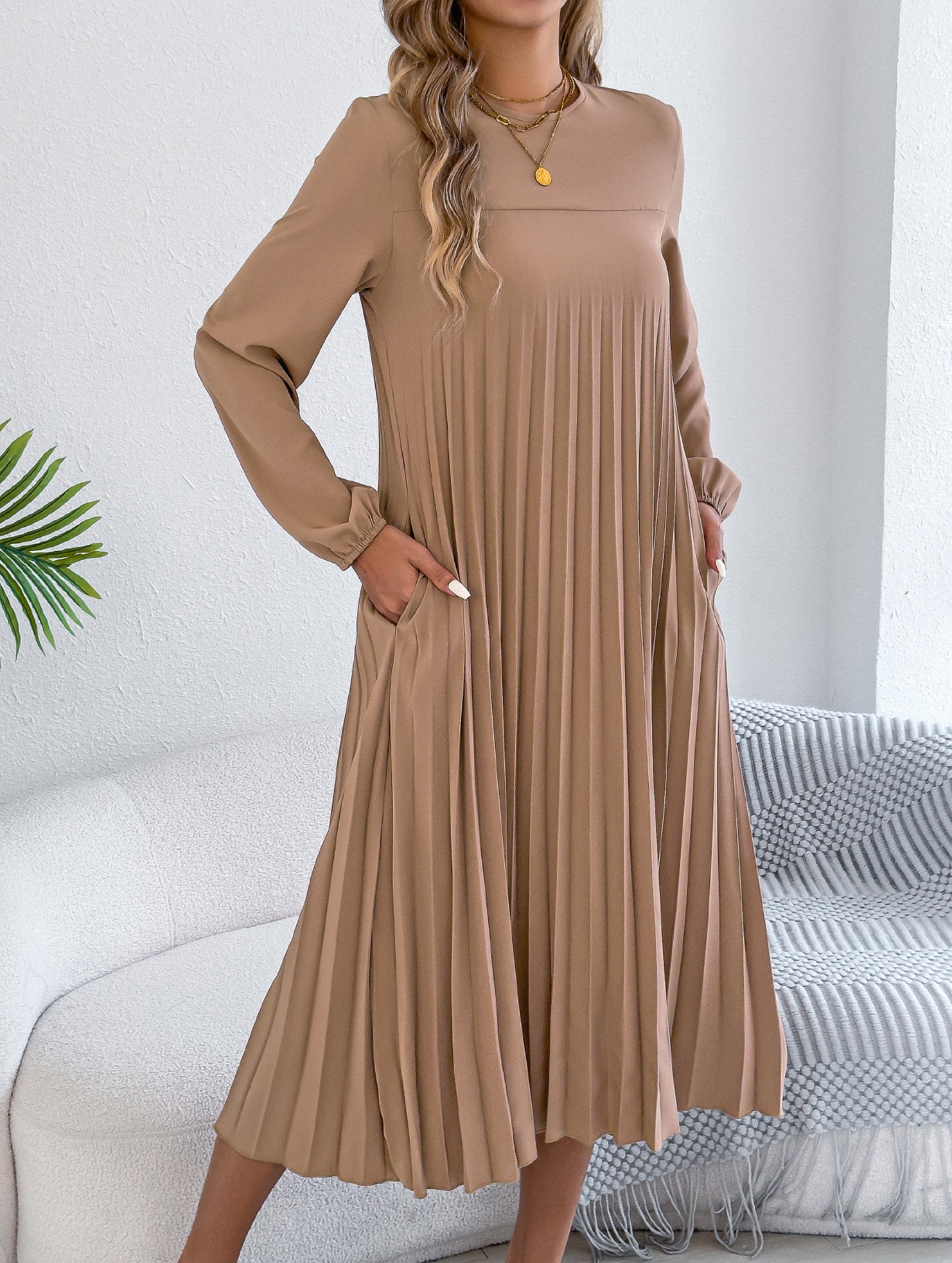 Solid Long Sleeve Pocket Pleated Dress