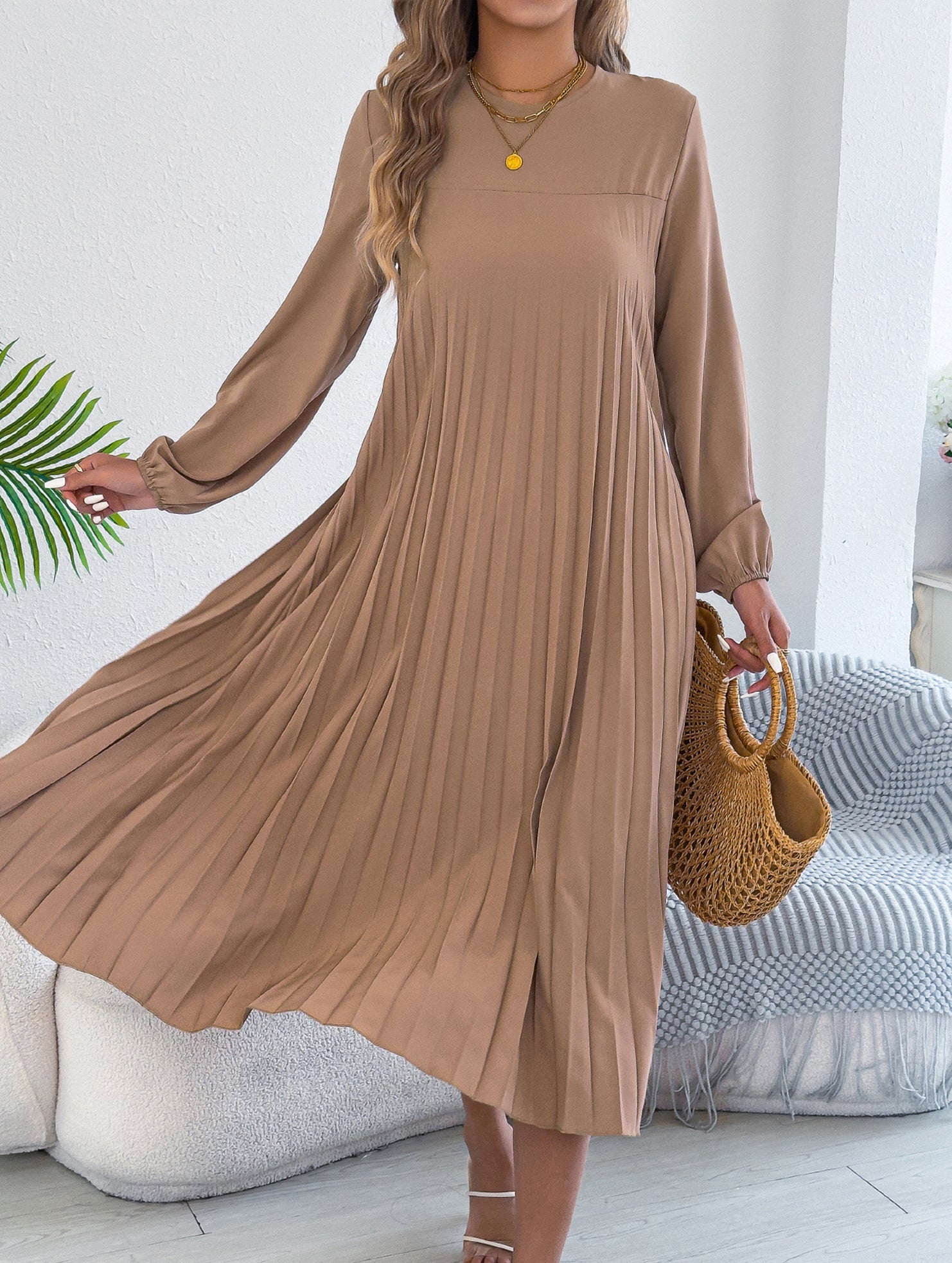 Solid Long Sleeve Pocket Pleated Dress