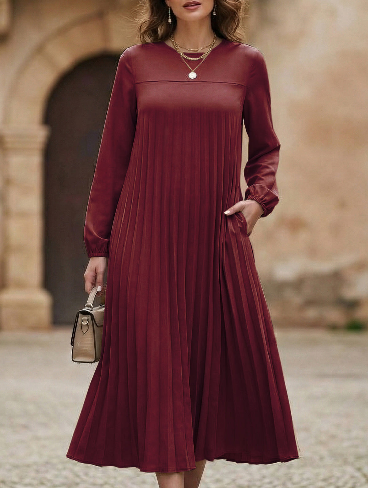 Solid Long Sleeve Pocket Pleated Dress
