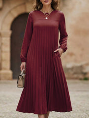 Solid Long Sleeve Pocket Pleated Dress
