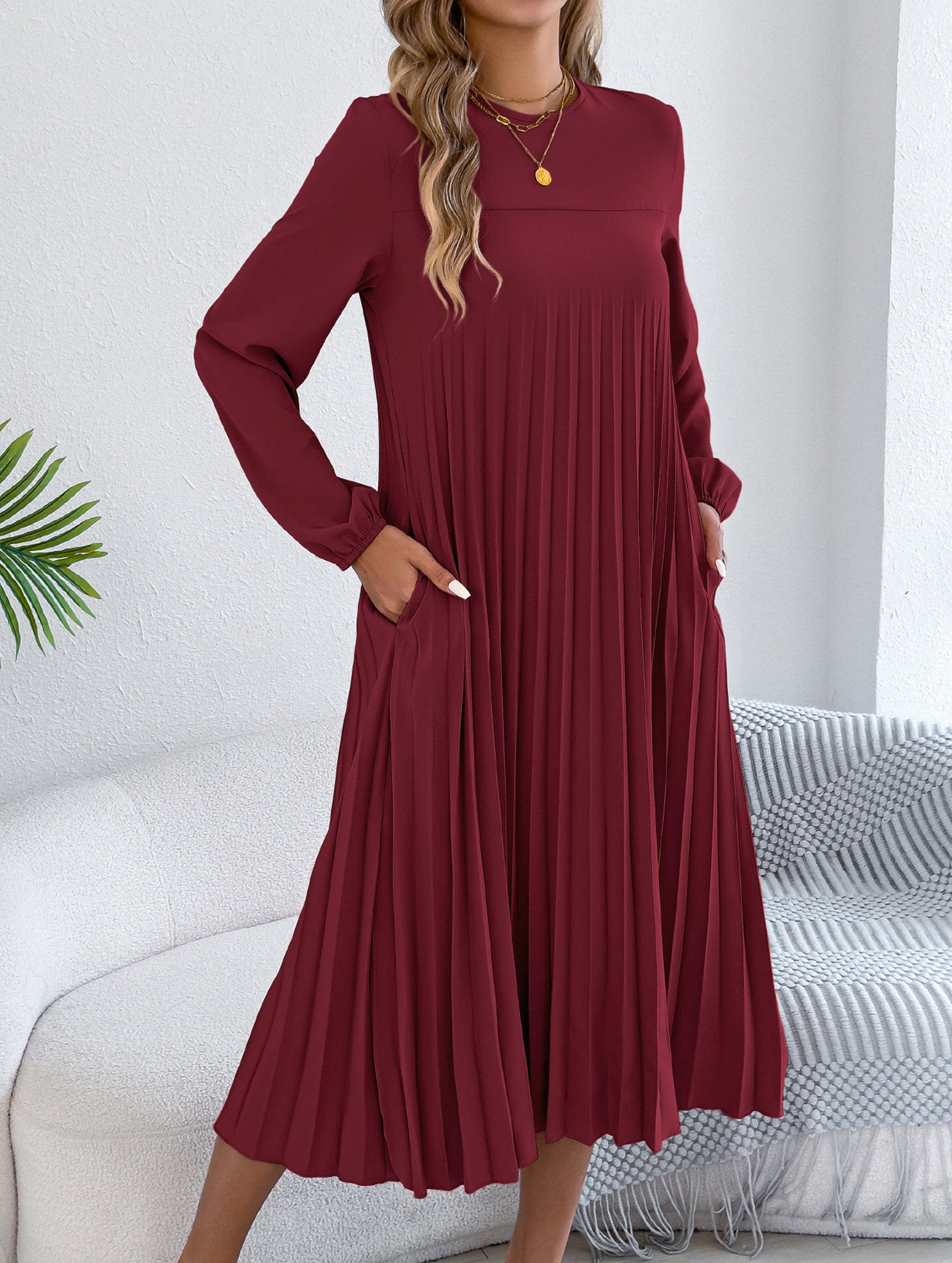 Solid Long Sleeve Pocket Pleated Dress
