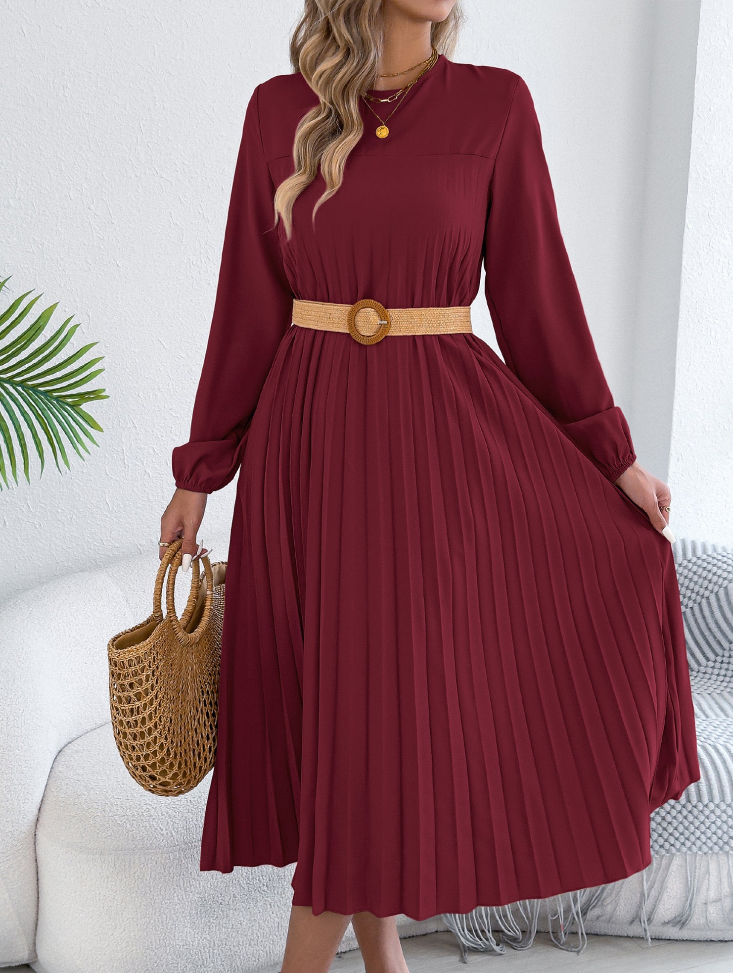 Solid Long Sleeve Pocket Pleated Dress