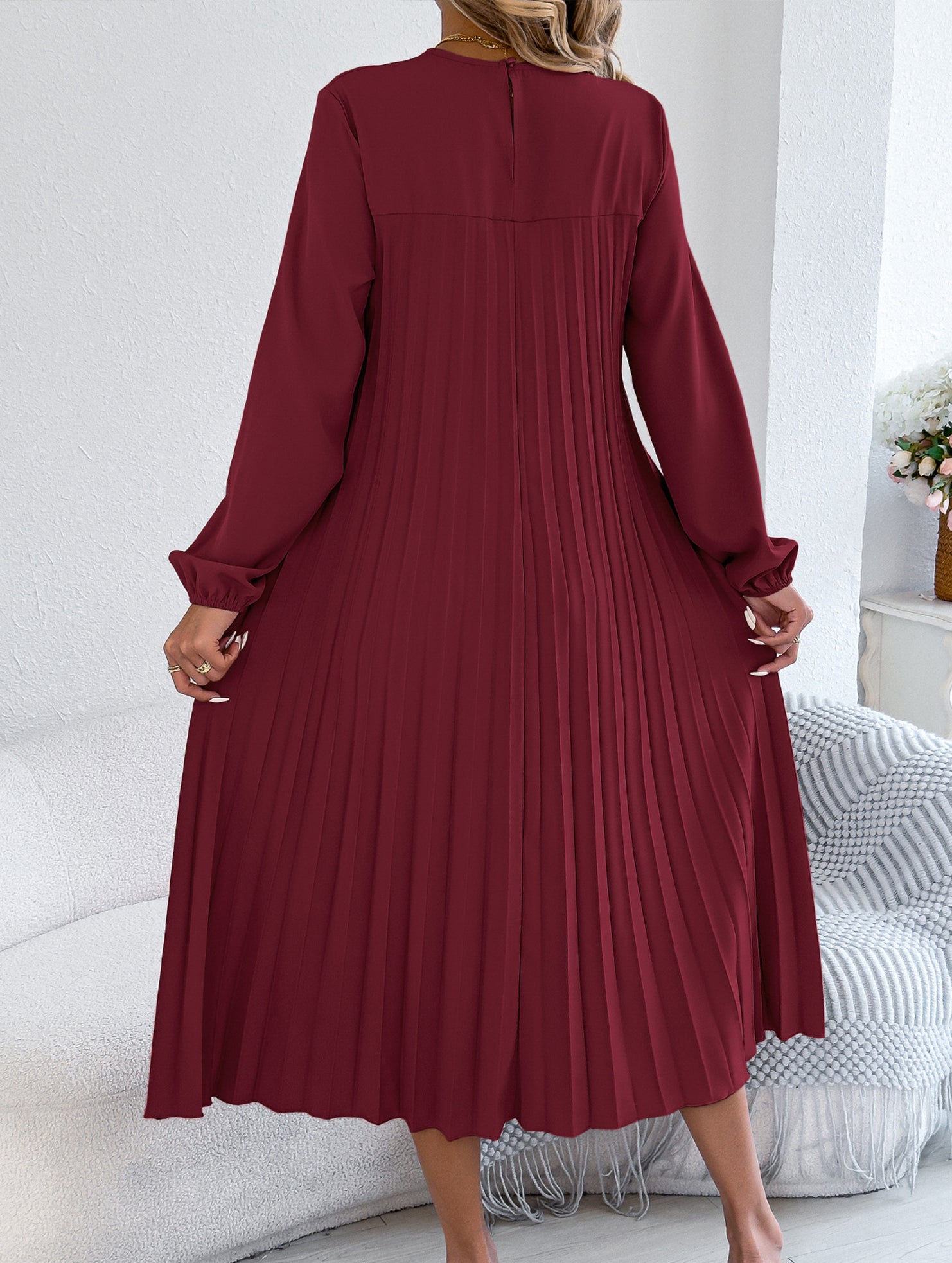 Solid Long Sleeve Pocket Pleated Dress