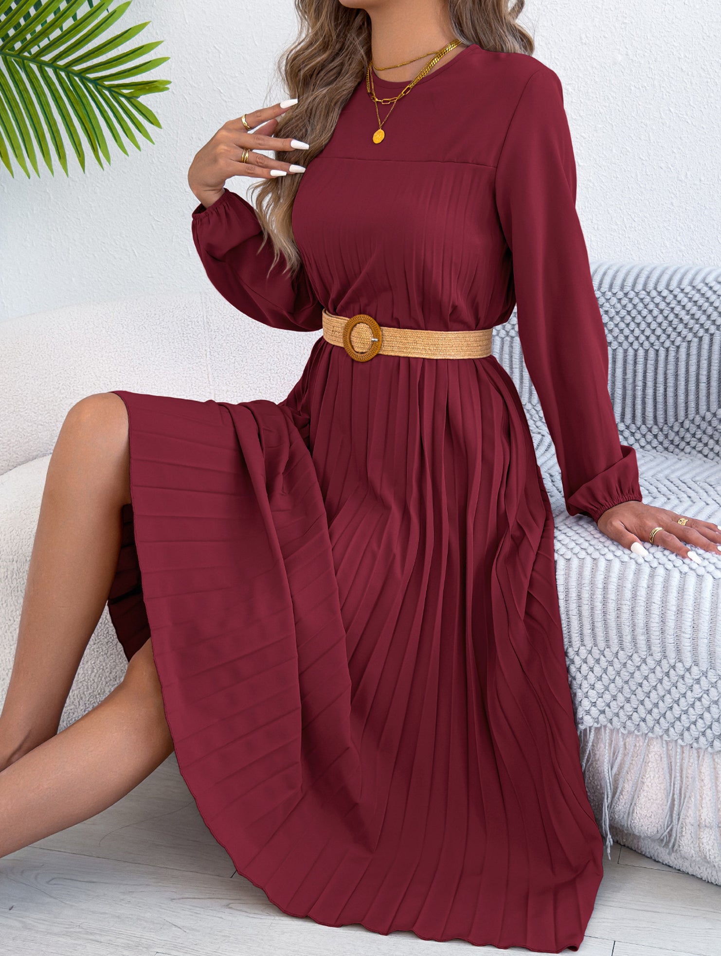 Solid Long Sleeve Pocket Pleated Dress