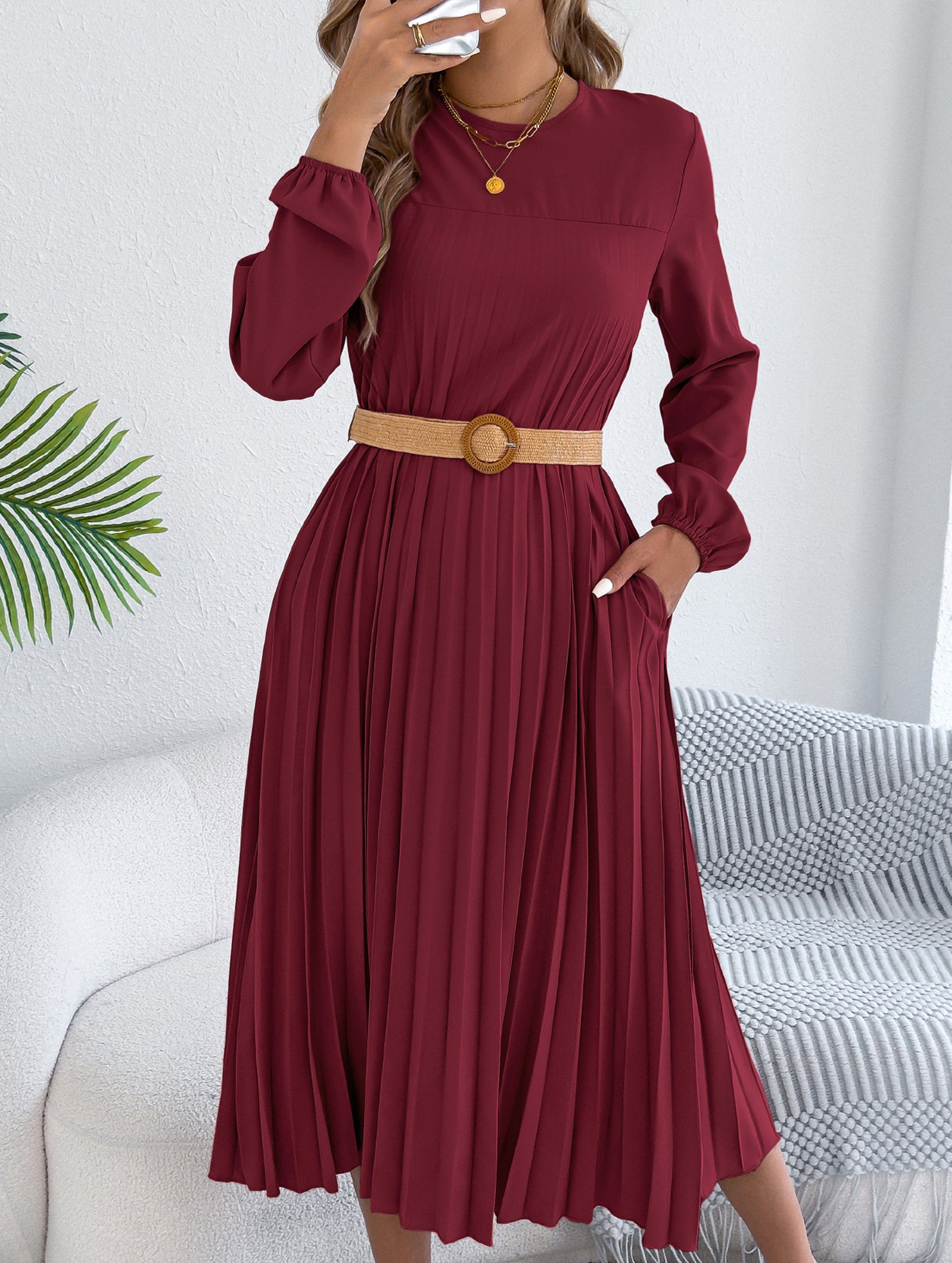 Solid Long Sleeve Pocket Pleated Dress