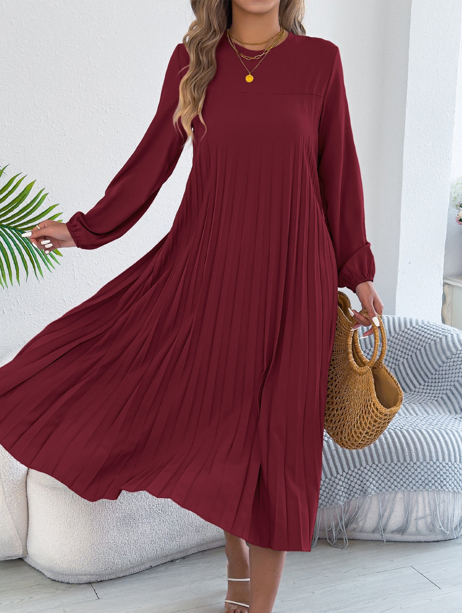 Solid Long Sleeve Pocket Pleated Dress