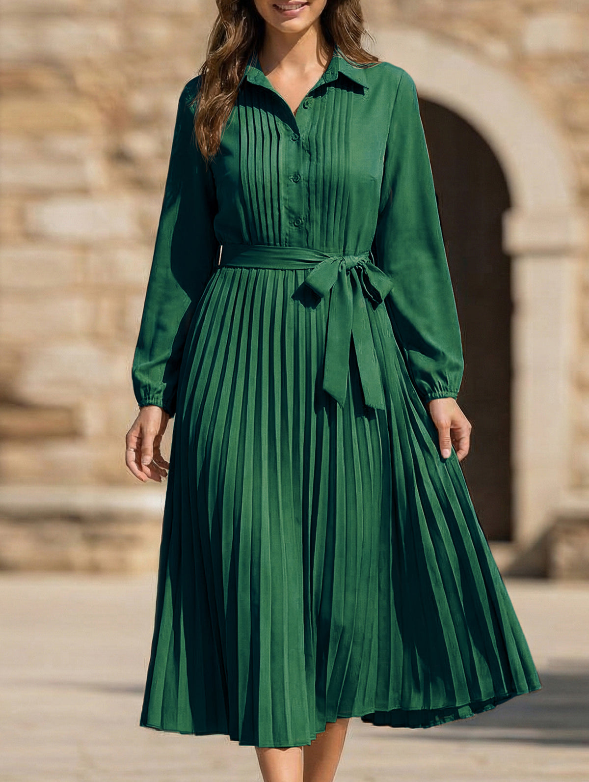 Solid Turn Down Collar Pleated Dress