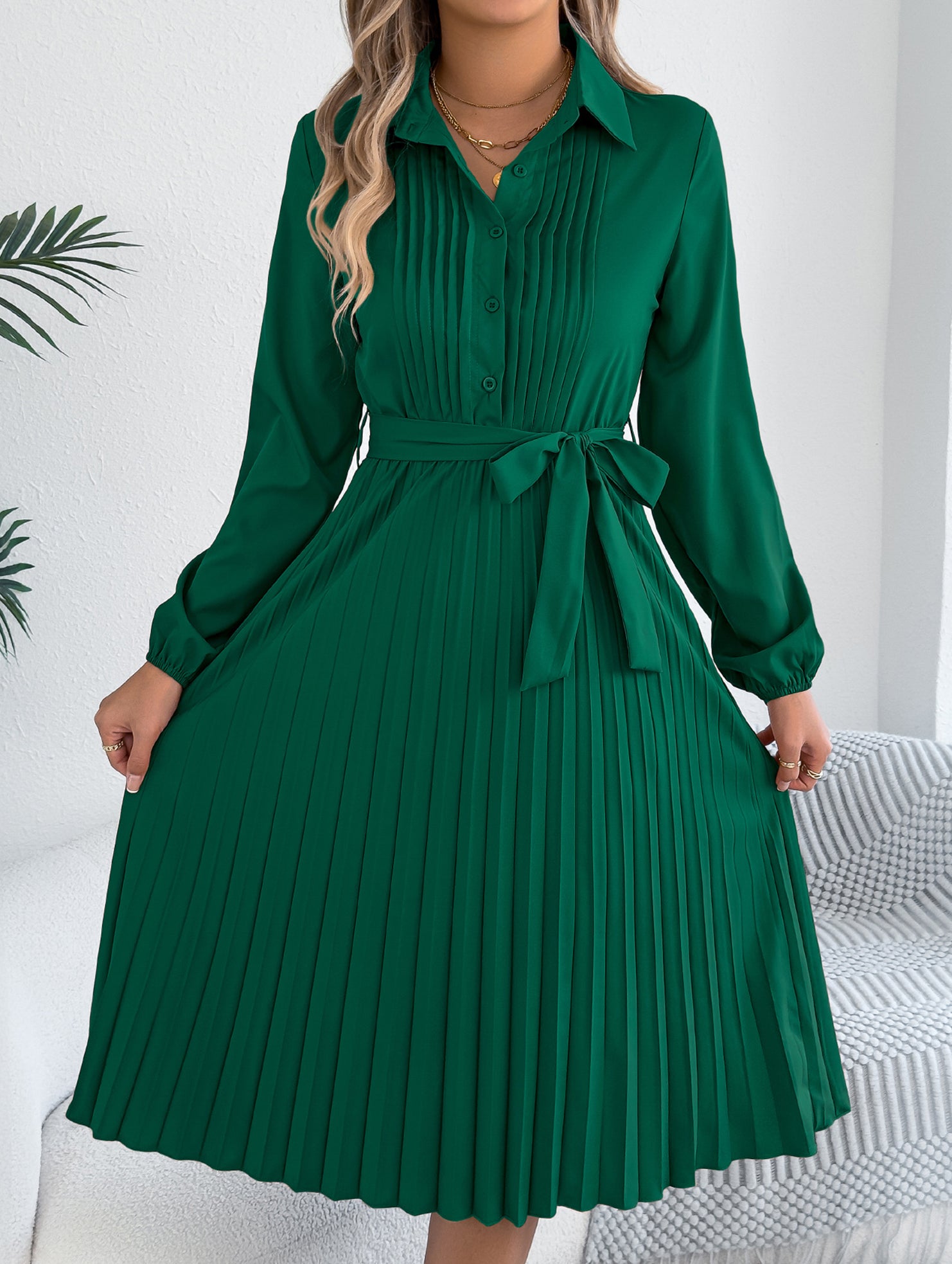 Solid Turn Down Collar Pleated Dress