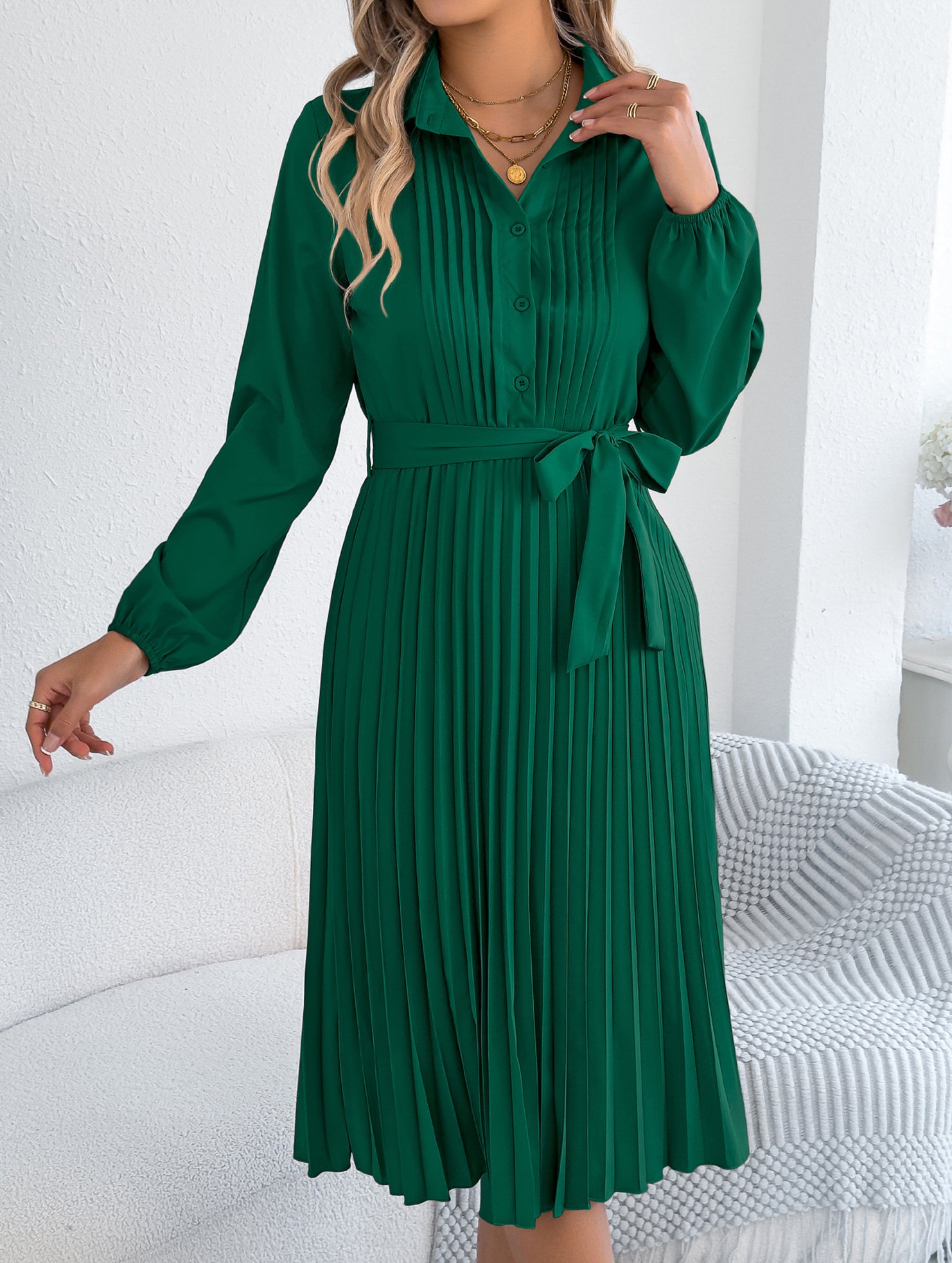 Solid Turn Down Collar Pleated Dress