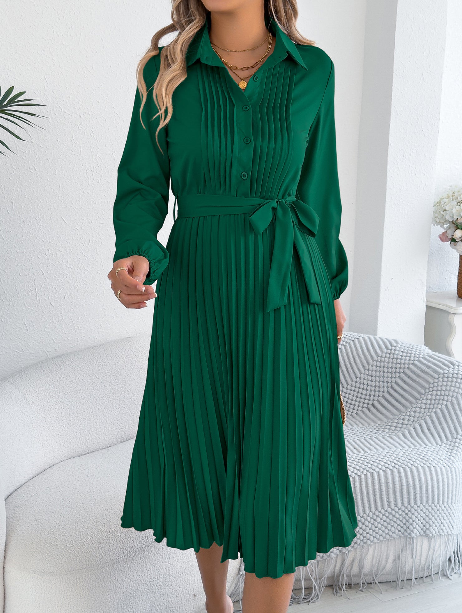 Solid Turn Down Collar Pleated Dress