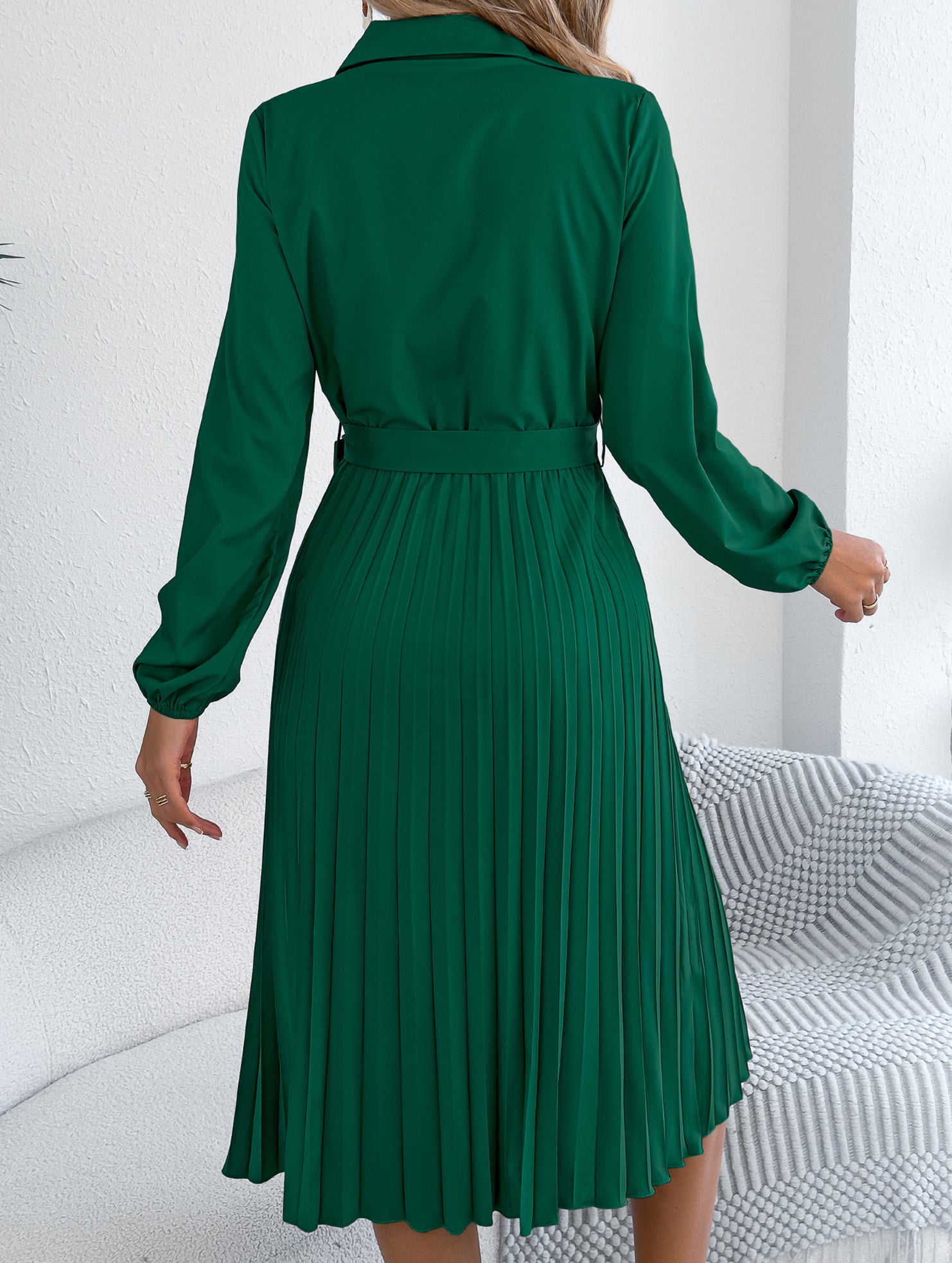 Solid Turn Down Collar Pleated Dress