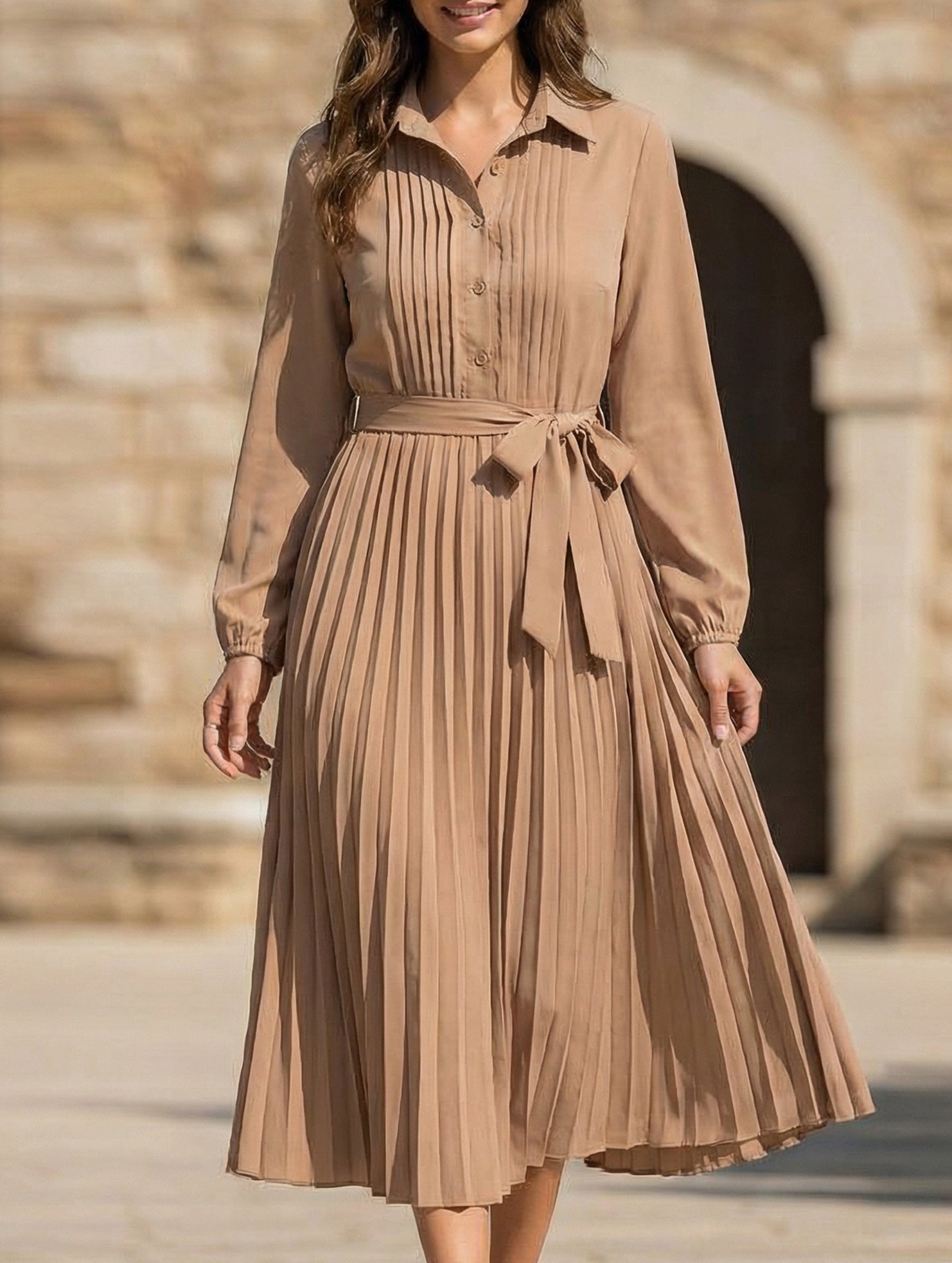 Solid Turn Down Collar Pleated Dress