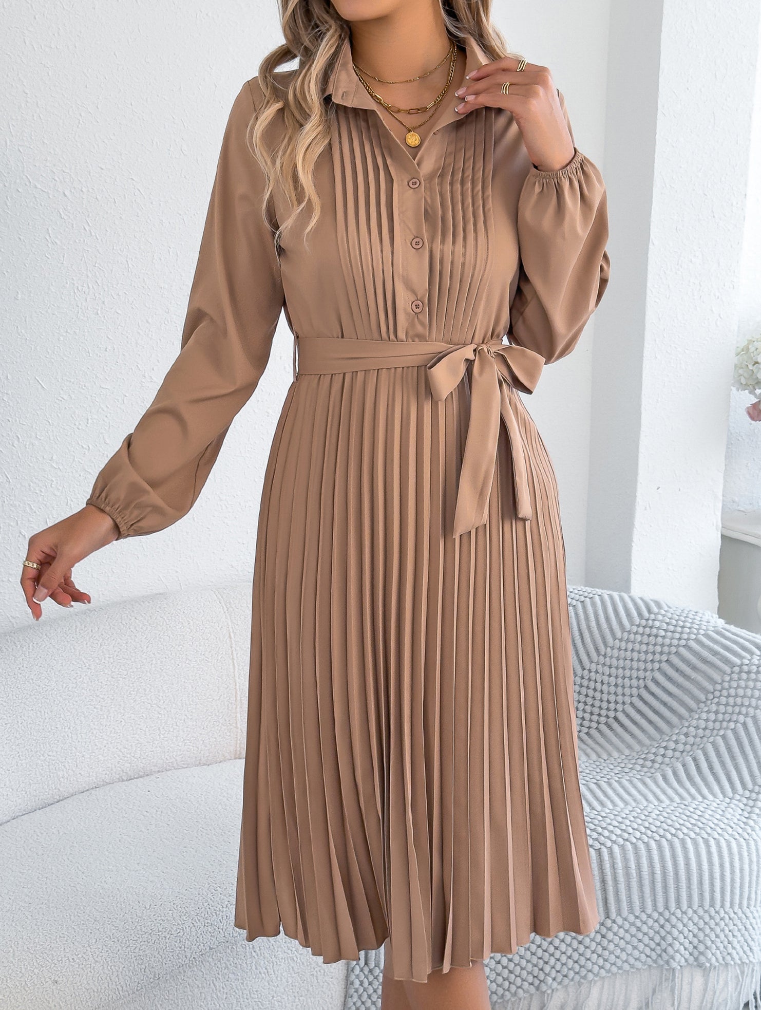 Solid Turn Down Collar Pleated Dress