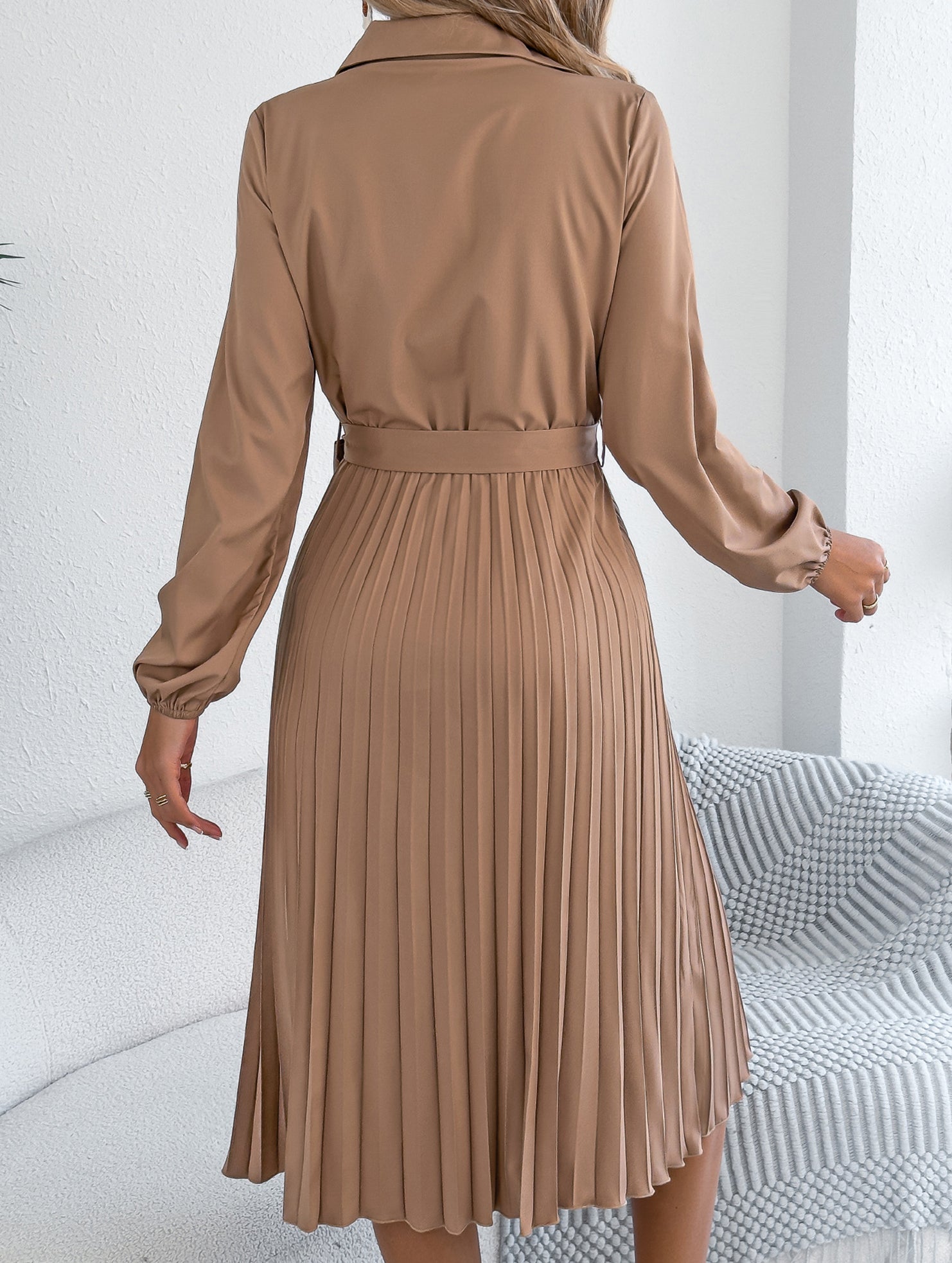 Solid Turn Down Collar Pleated Dress