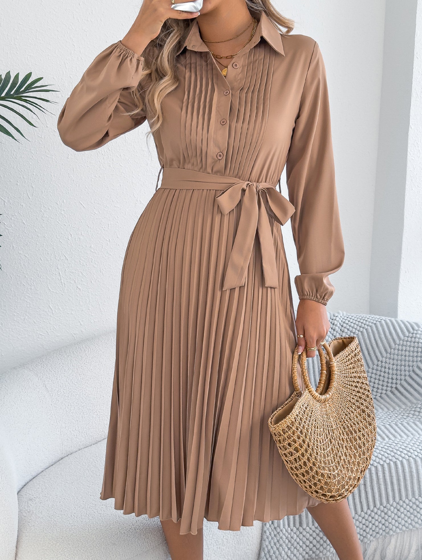 Solid Turn Down Collar Pleated Dress