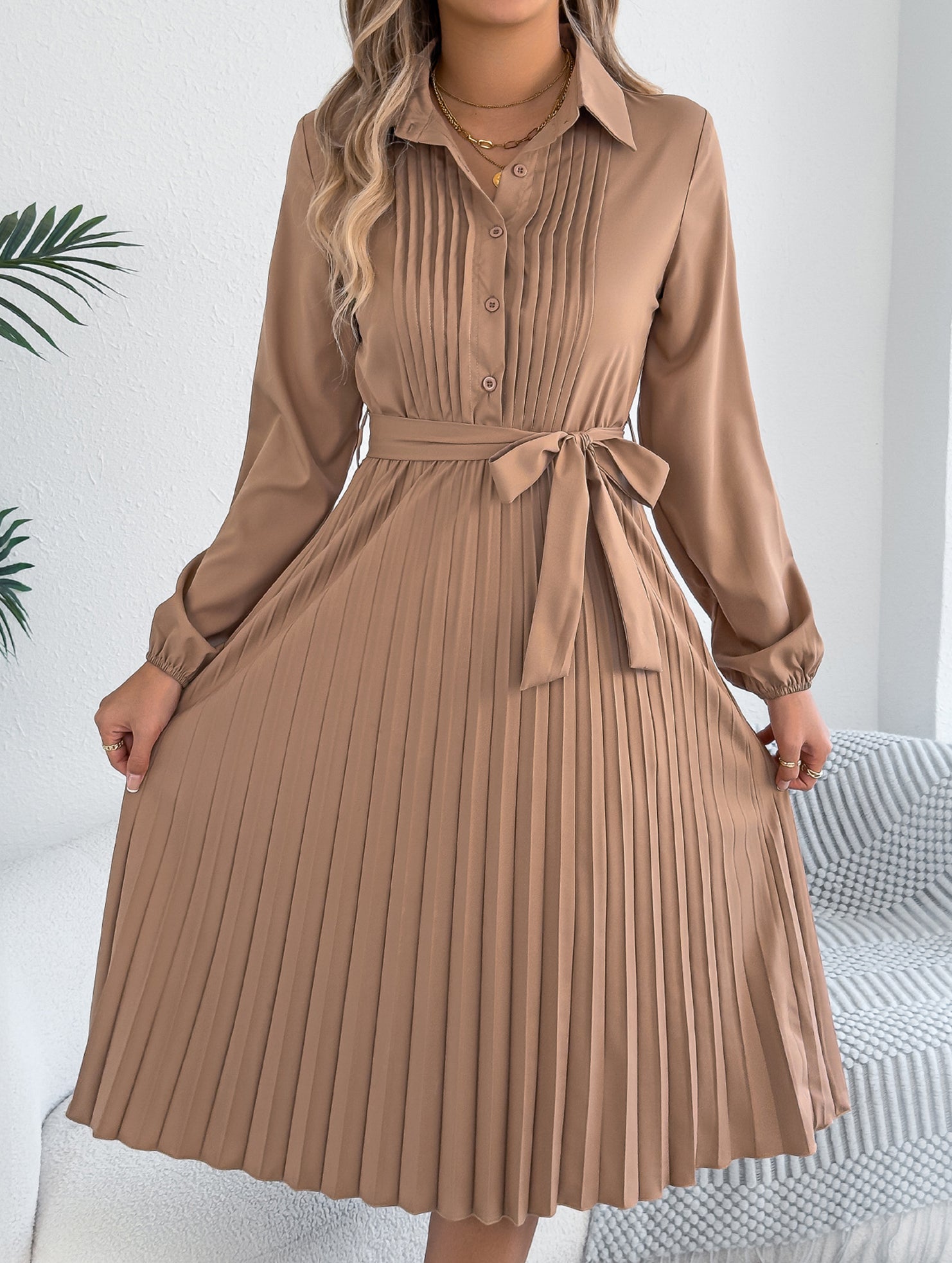 Solid Turn Down Collar Pleated Dress
