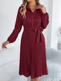 Solid Turn Down Collar Pleated Dress