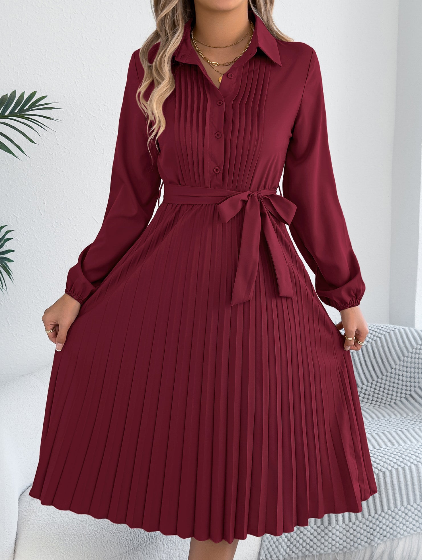 Solid Turn Down Collar Pleated Dress