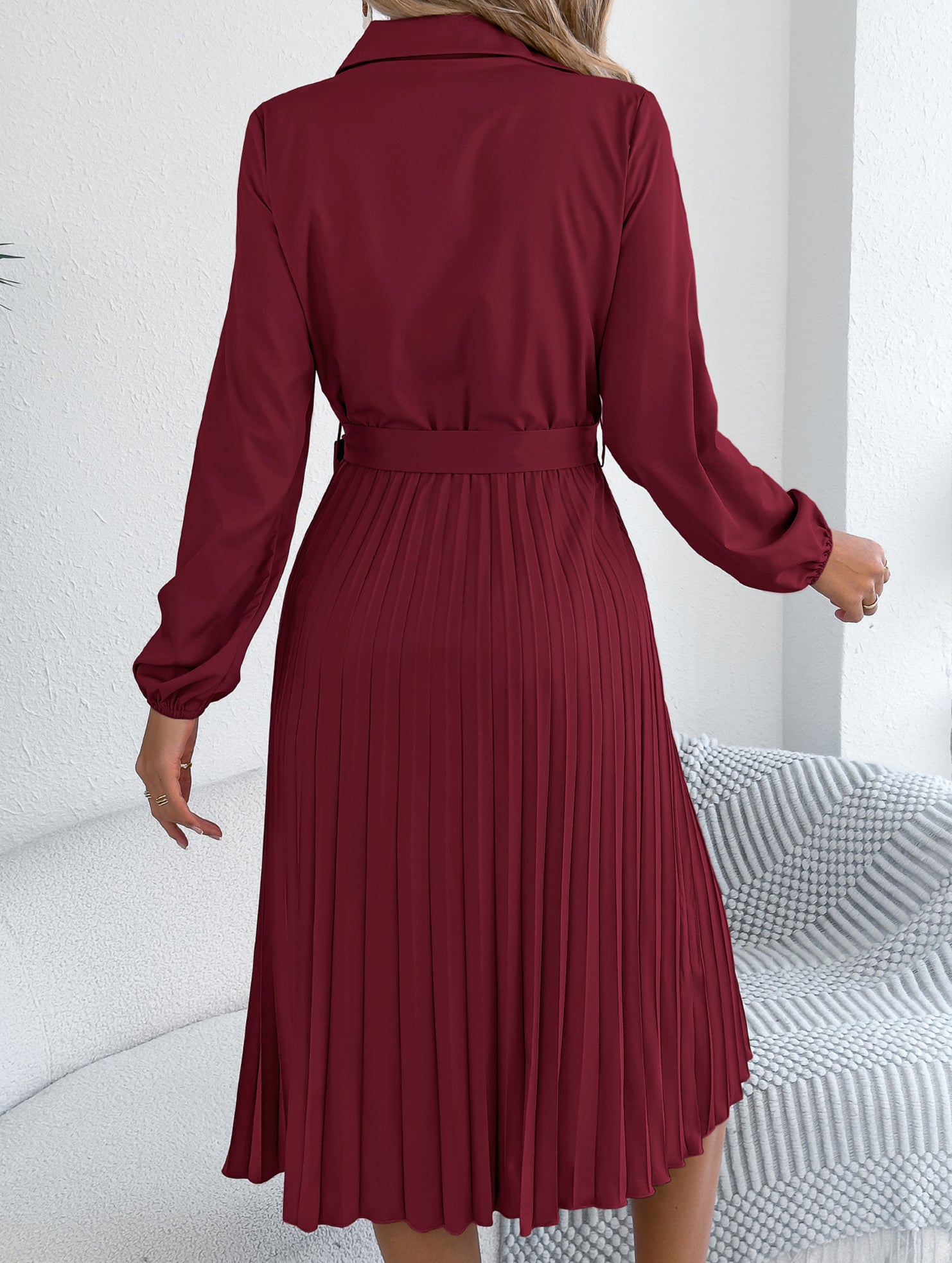 Solid Turn Down Collar Pleated Dress