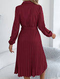 Solid Turn Down Collar Pleated Dress