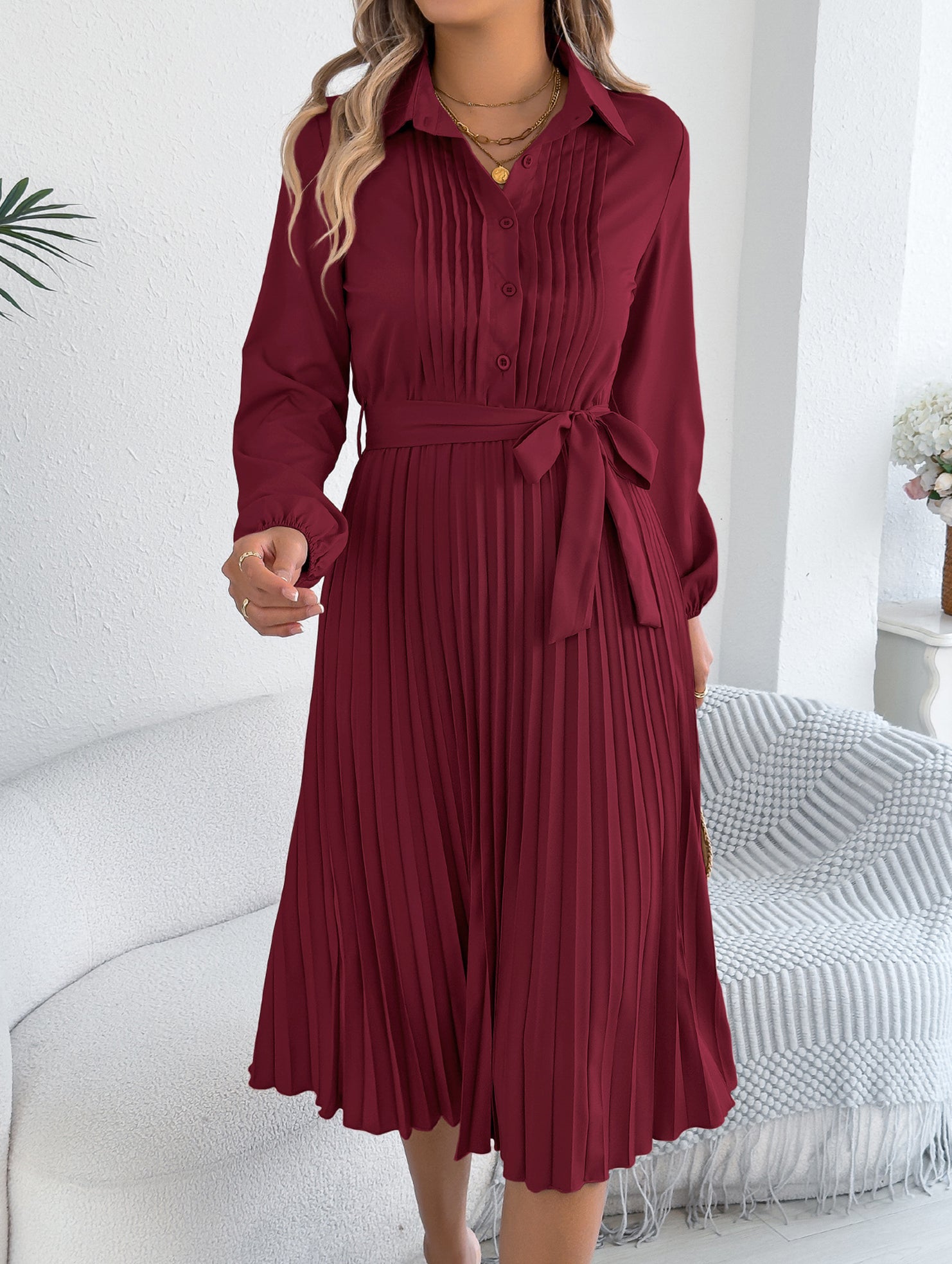 Solid Turn Down Collar Pleated Dress