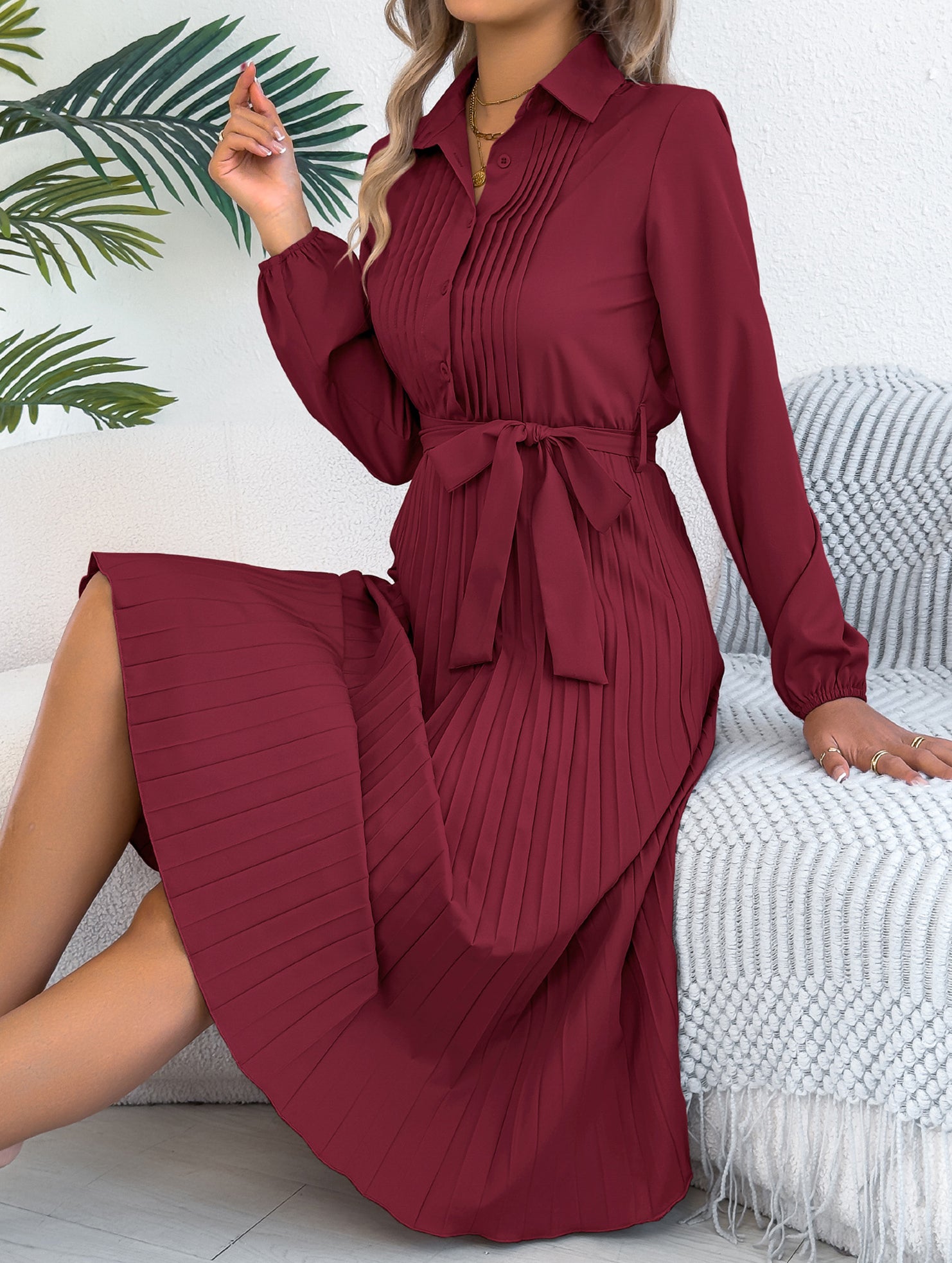 Solid Turn Down Collar Pleated Dress