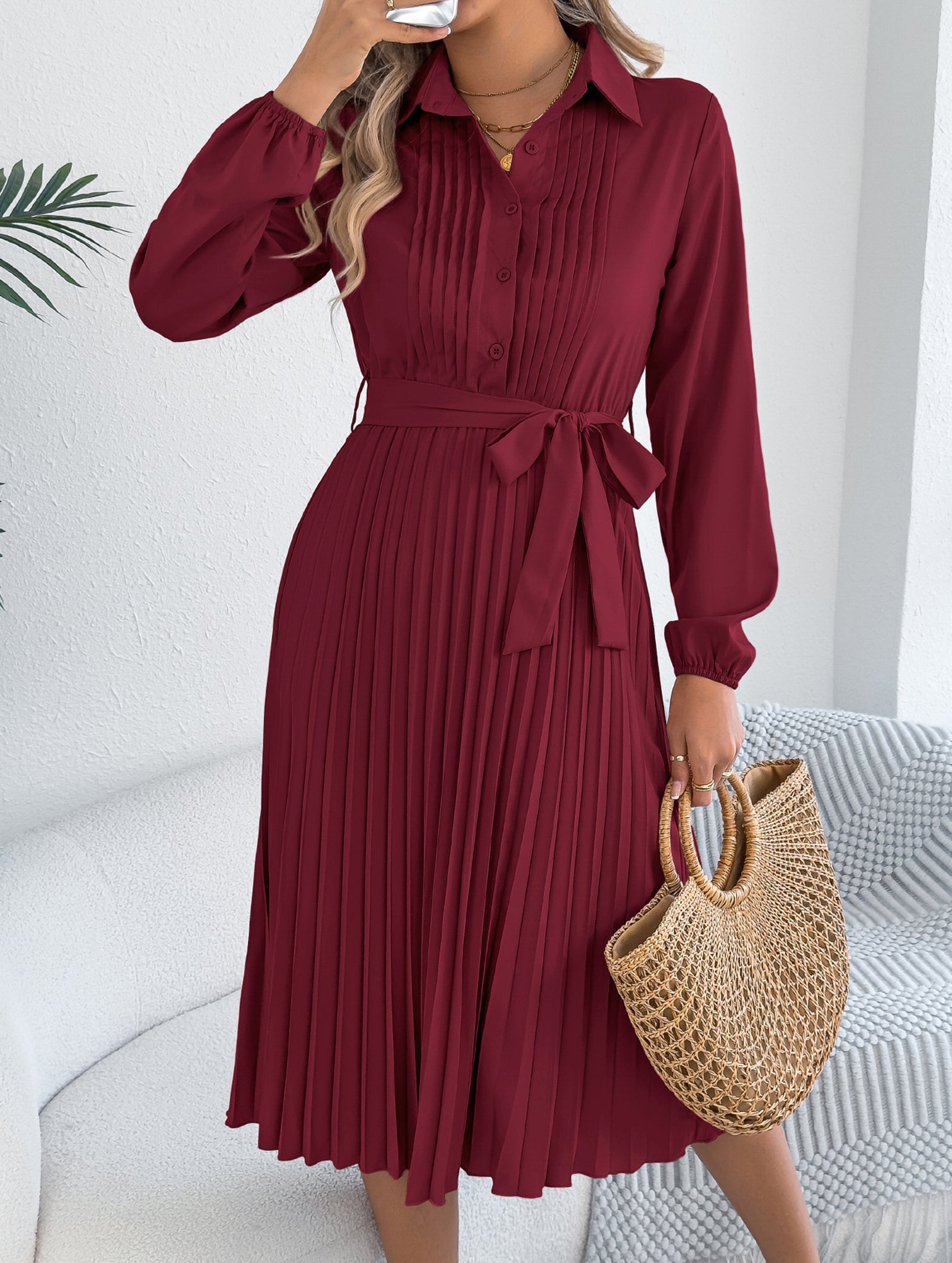 Solid Turn Down Collar Pleated Dress