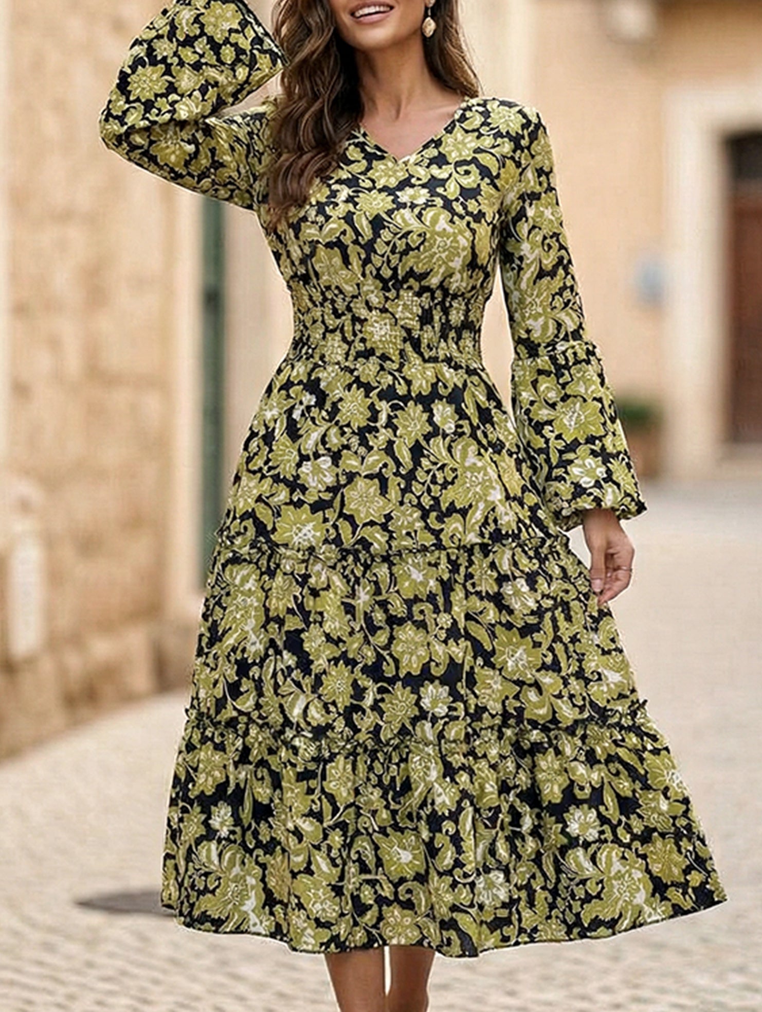 Vintage Flare Sleeve Ruffle A Line Dress_CWDMD02395