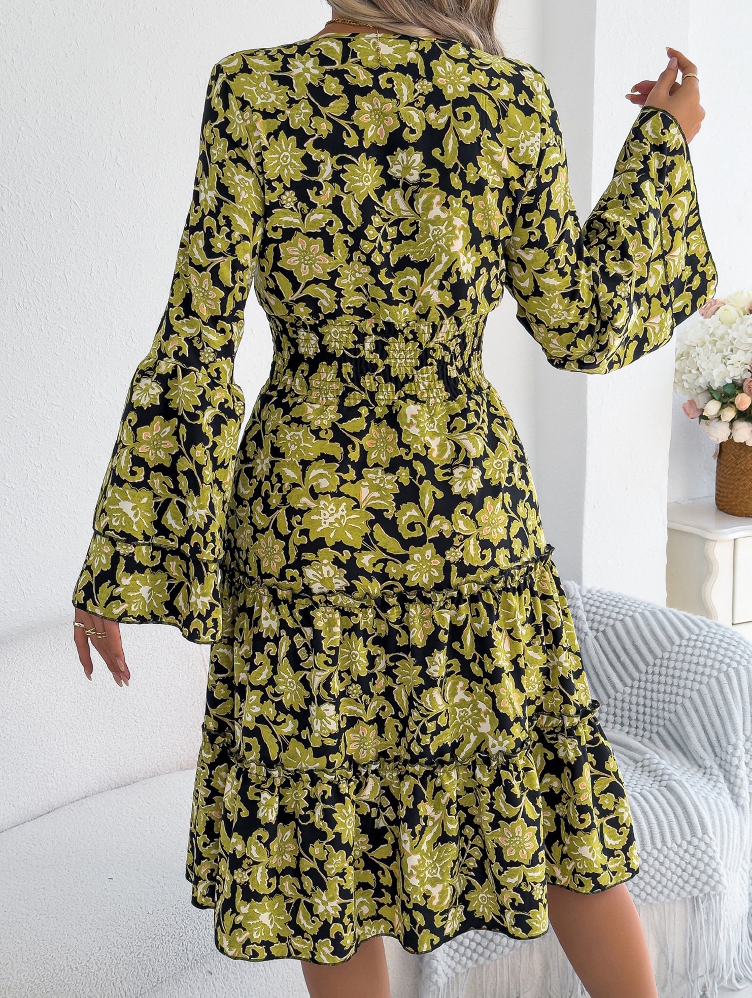 Vintage Flare Sleeve Ruffle A Line Dress_CWDMD02395