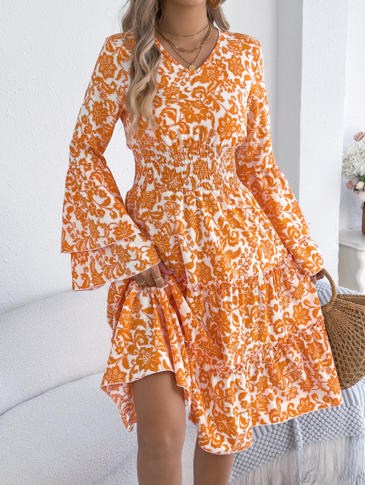 Vintage Flare Sleeve Ruffle A Line Dress_CWDMD02395