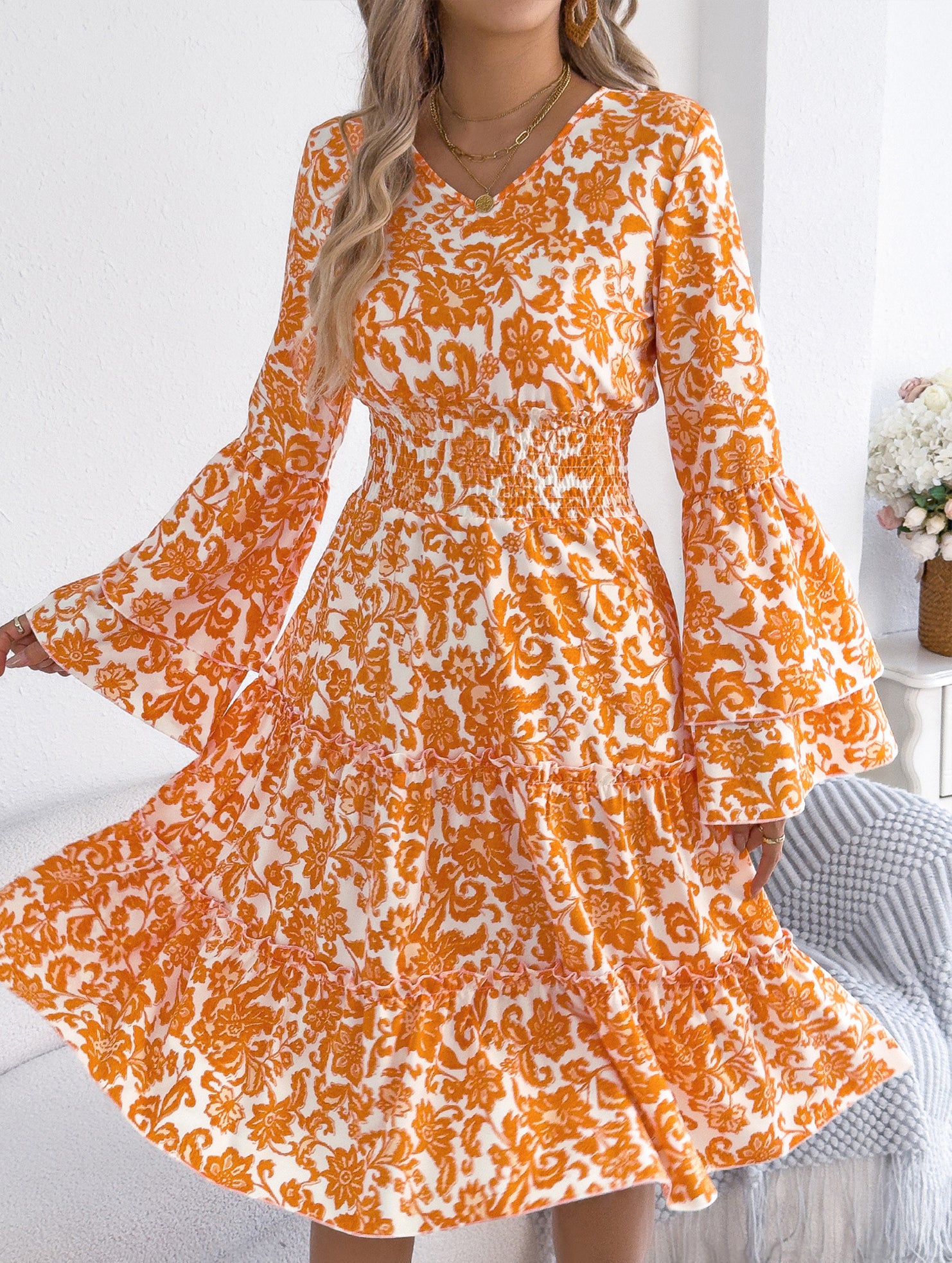 Vintage Flare Sleeve Ruffle A Line Dress_CWDMD02395