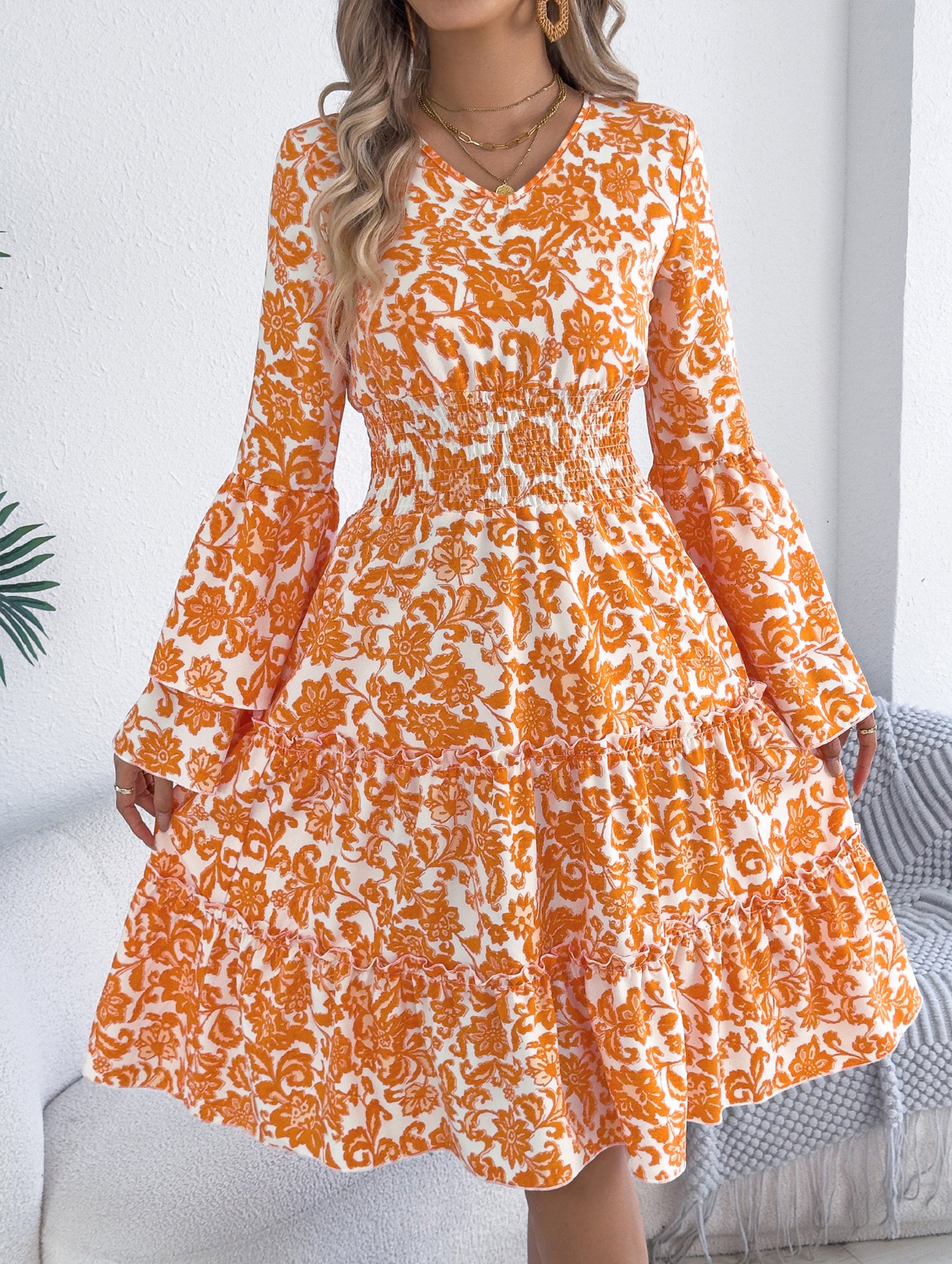 Vintage Flare Sleeve Ruffle A Line Dress_CWDMD02395