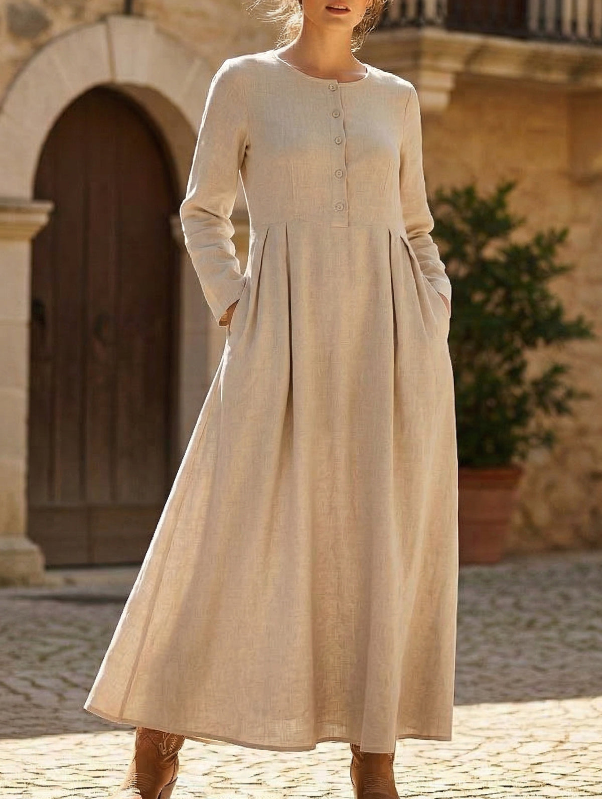 Western Style Cotton Linen Maxi Dress