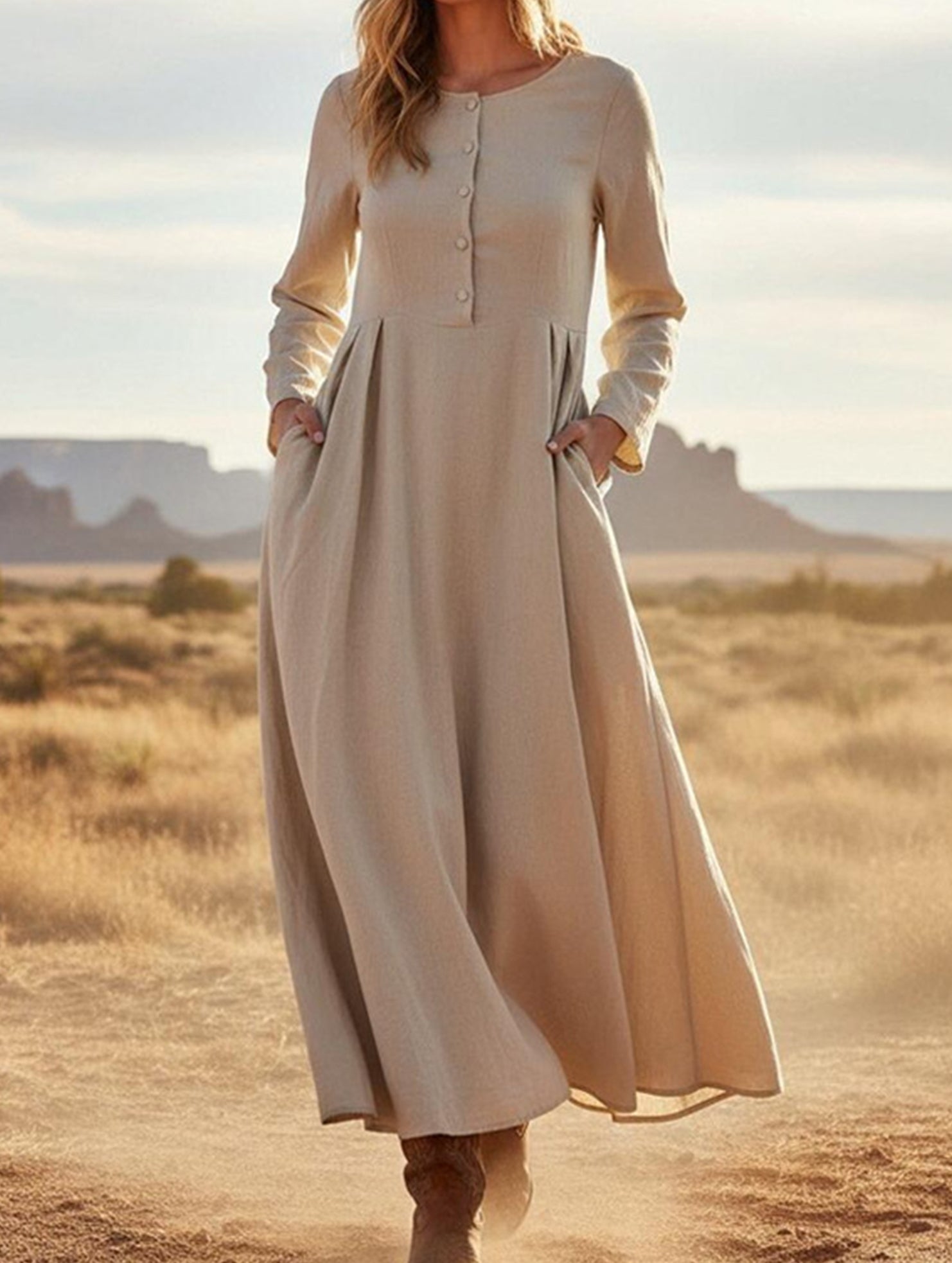 Western Style Cotton Linen Maxi Dress