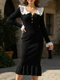 Ruffle V Neck Slim Long Sleeve Dress_CWDMD02398