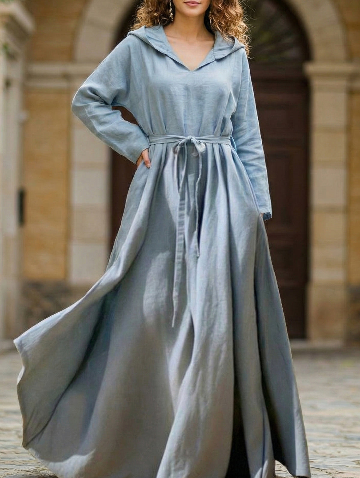 Cotton Linen Boho Hooded Dress_CWDMD02401
