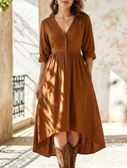 V Neck Boho Cotton Linen Dress