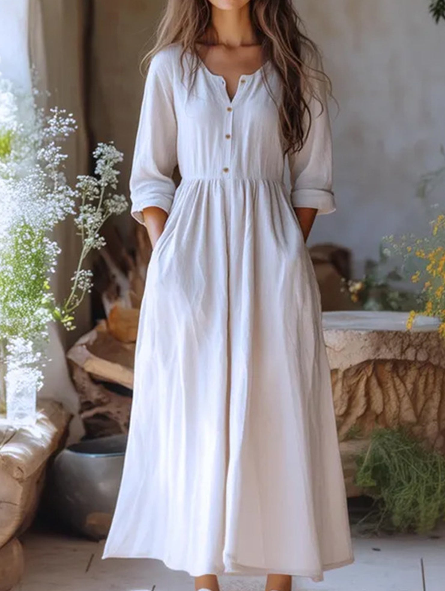 Solid Vintage Cotton Linen Dress
