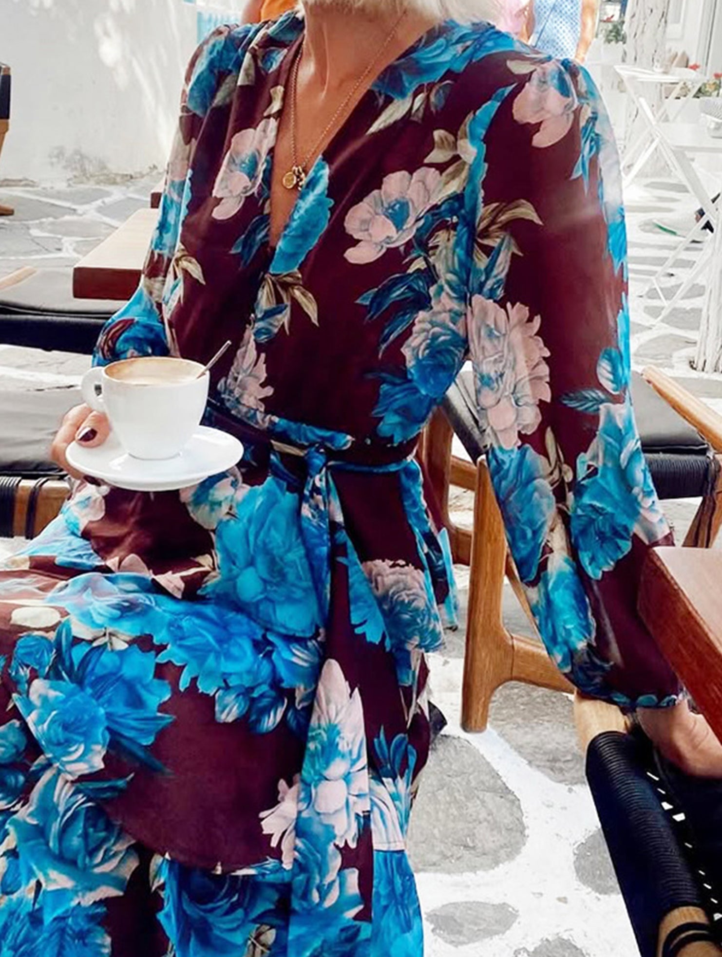 Printed Tie Waist Long Sleeve Maxi Dress