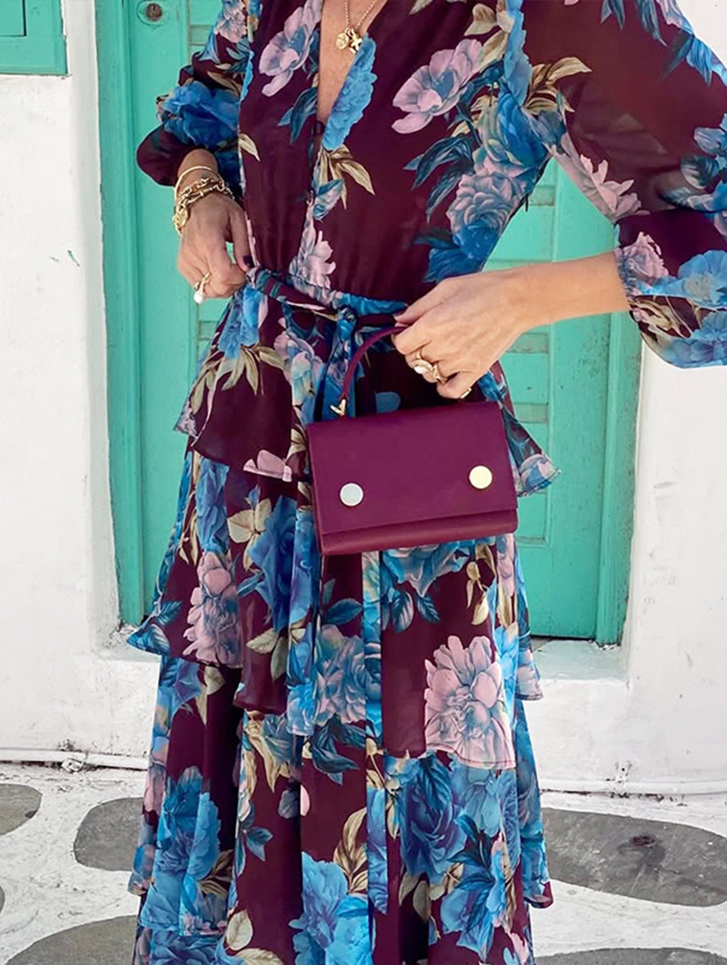 Printed Tie Waist Long Sleeve Maxi Dress
