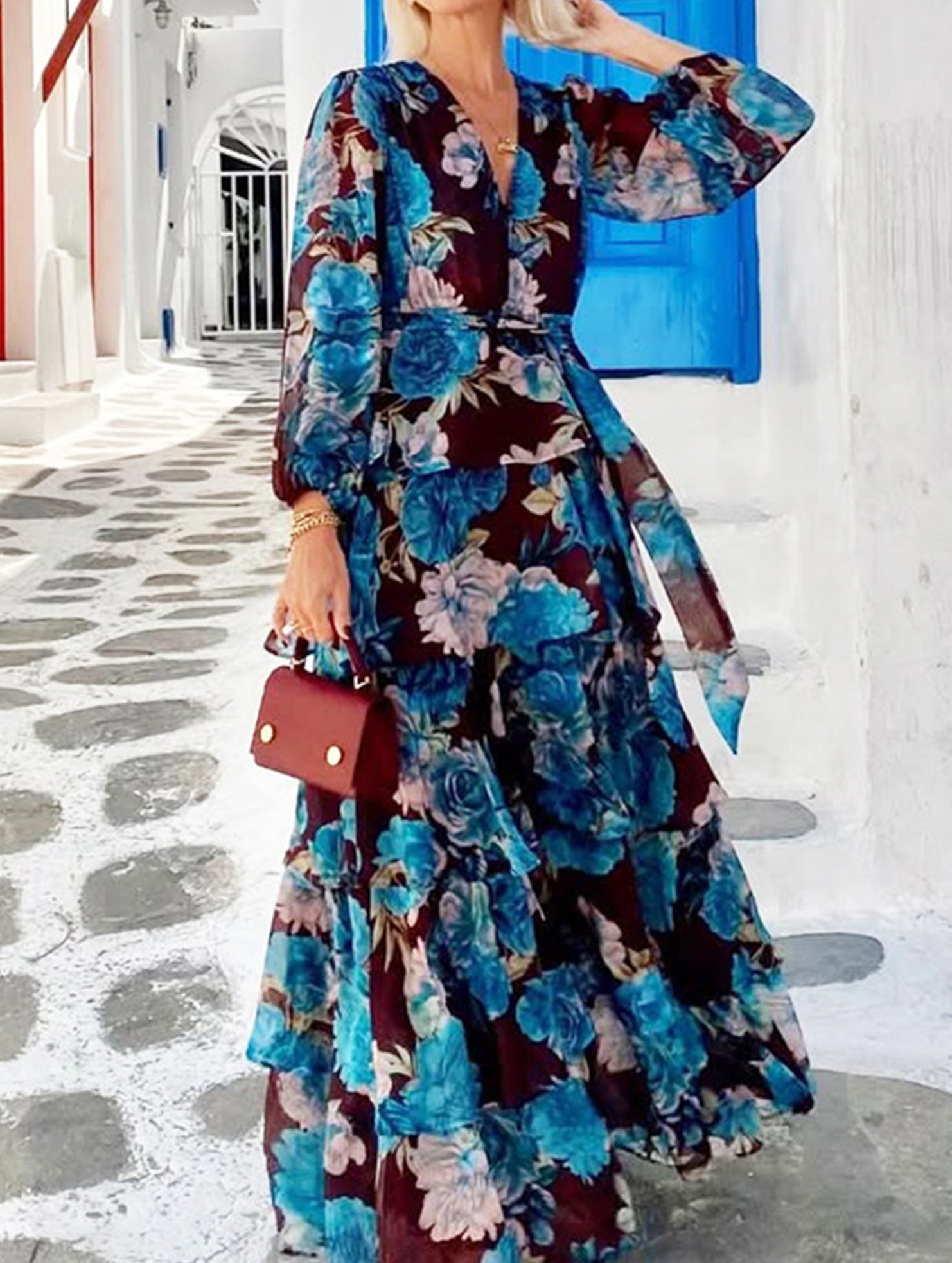 Printed Tie Waist Long Sleeve Maxi Dress