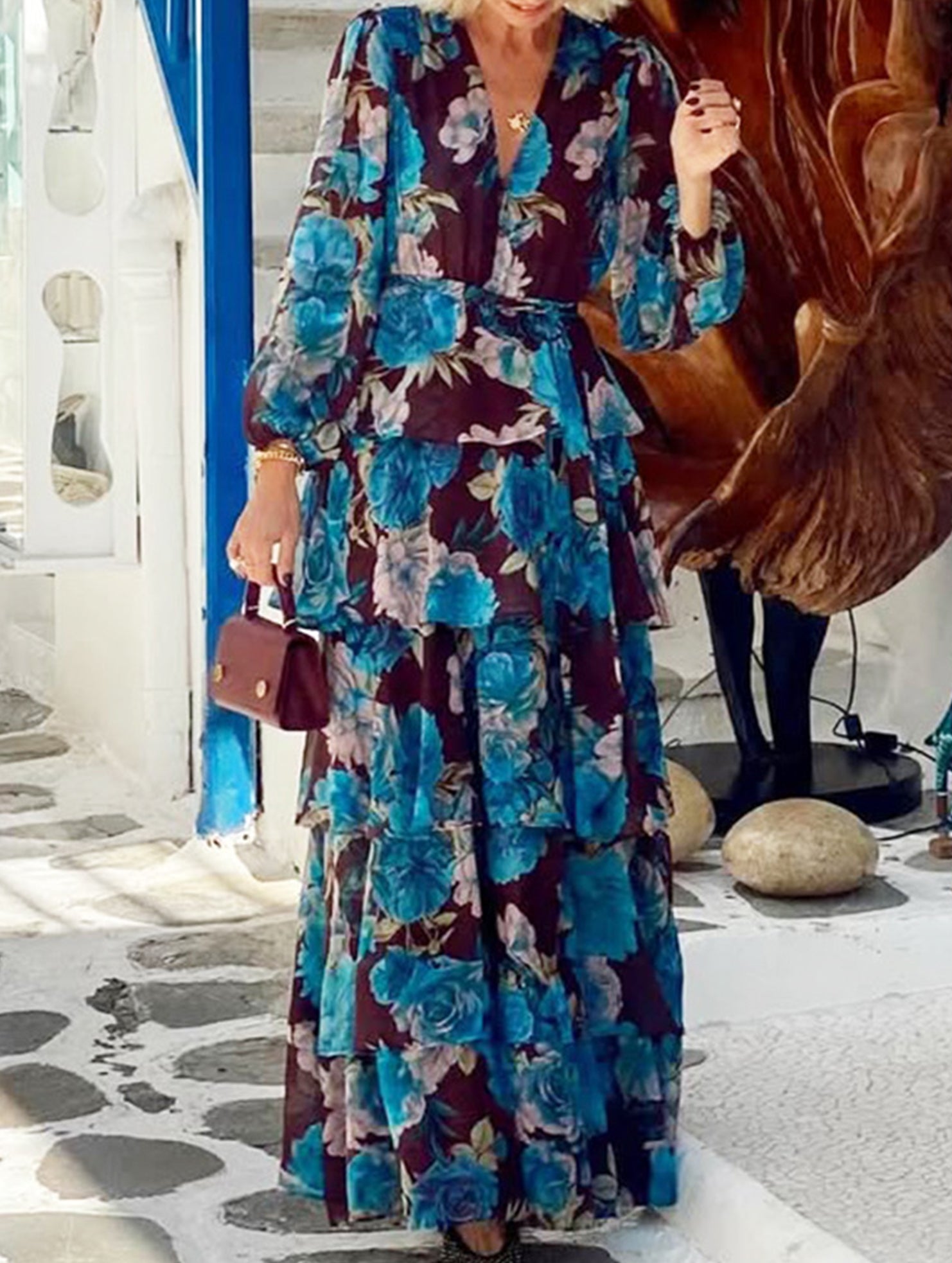 Printed Tie Waist Long Sleeve Maxi Dress
