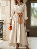 Solid Bow Belt Shirt Maxi Dress