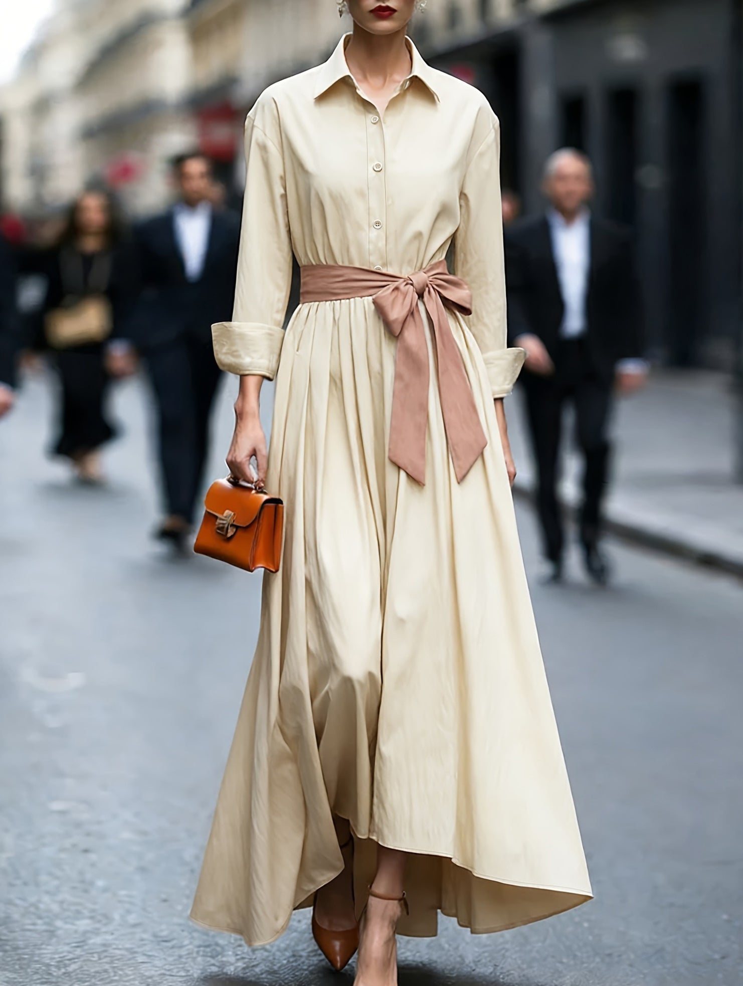 Solid Bow Belt Shirt Maxi Dress
