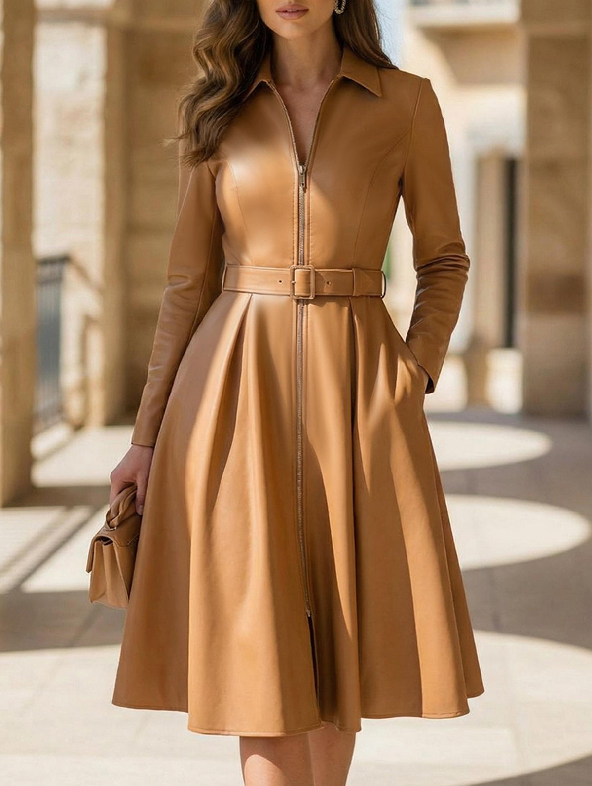 Zip Front Belted Shirt A Line Dress