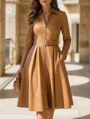 Zip Front Belted Shirt A Line Dress