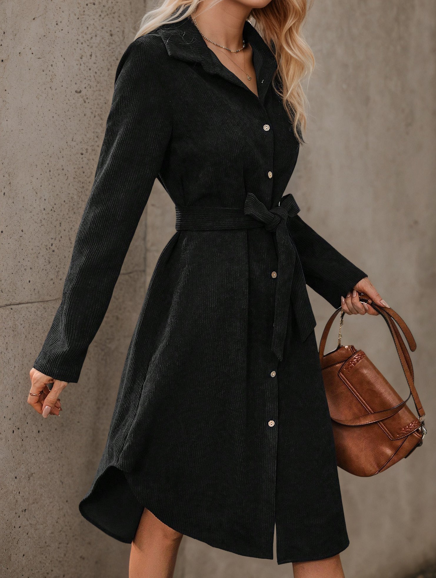 Corduroy Button Front Belt Shirt Dress