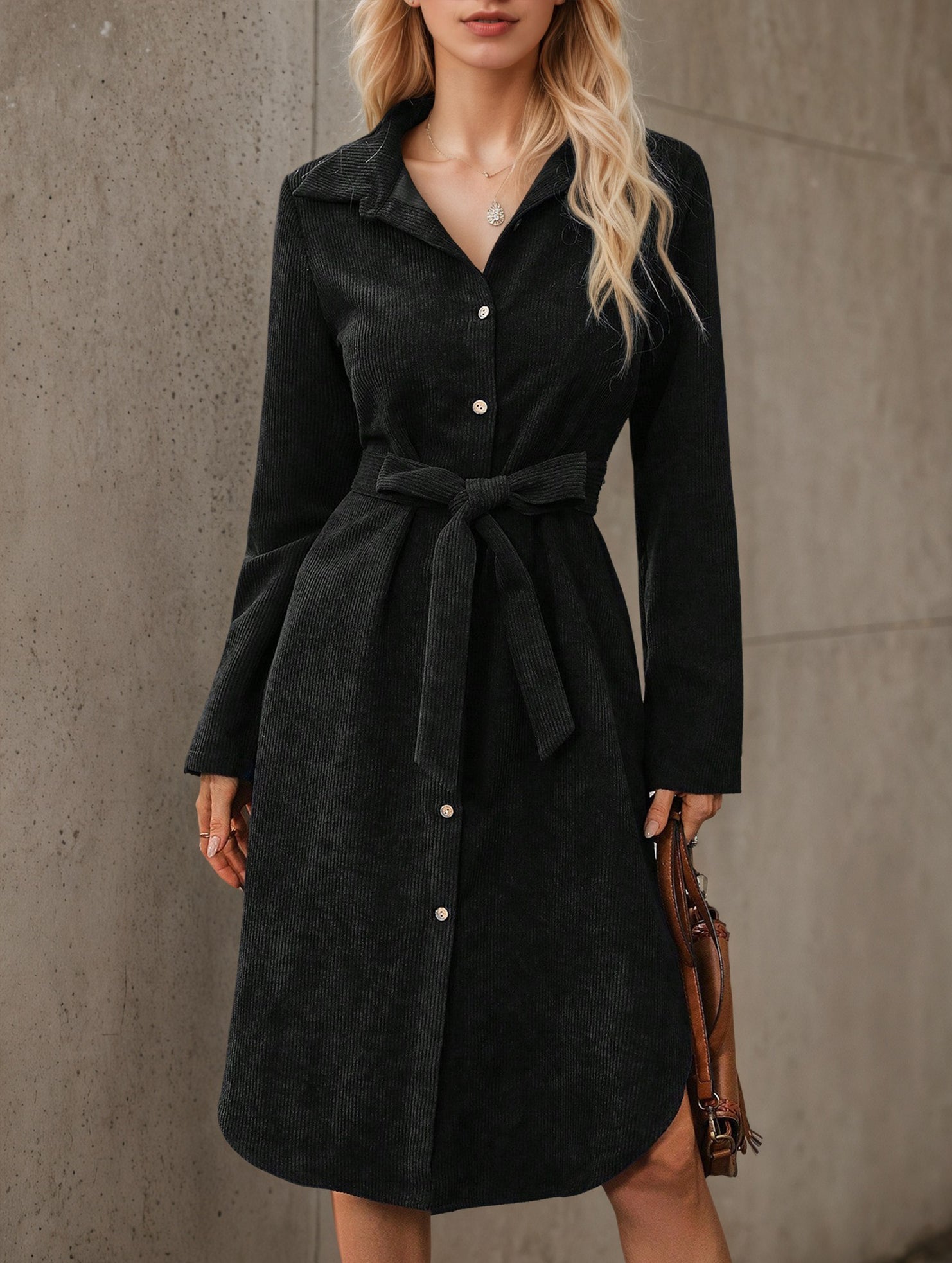Corduroy Button Front Belt Shirt Dress