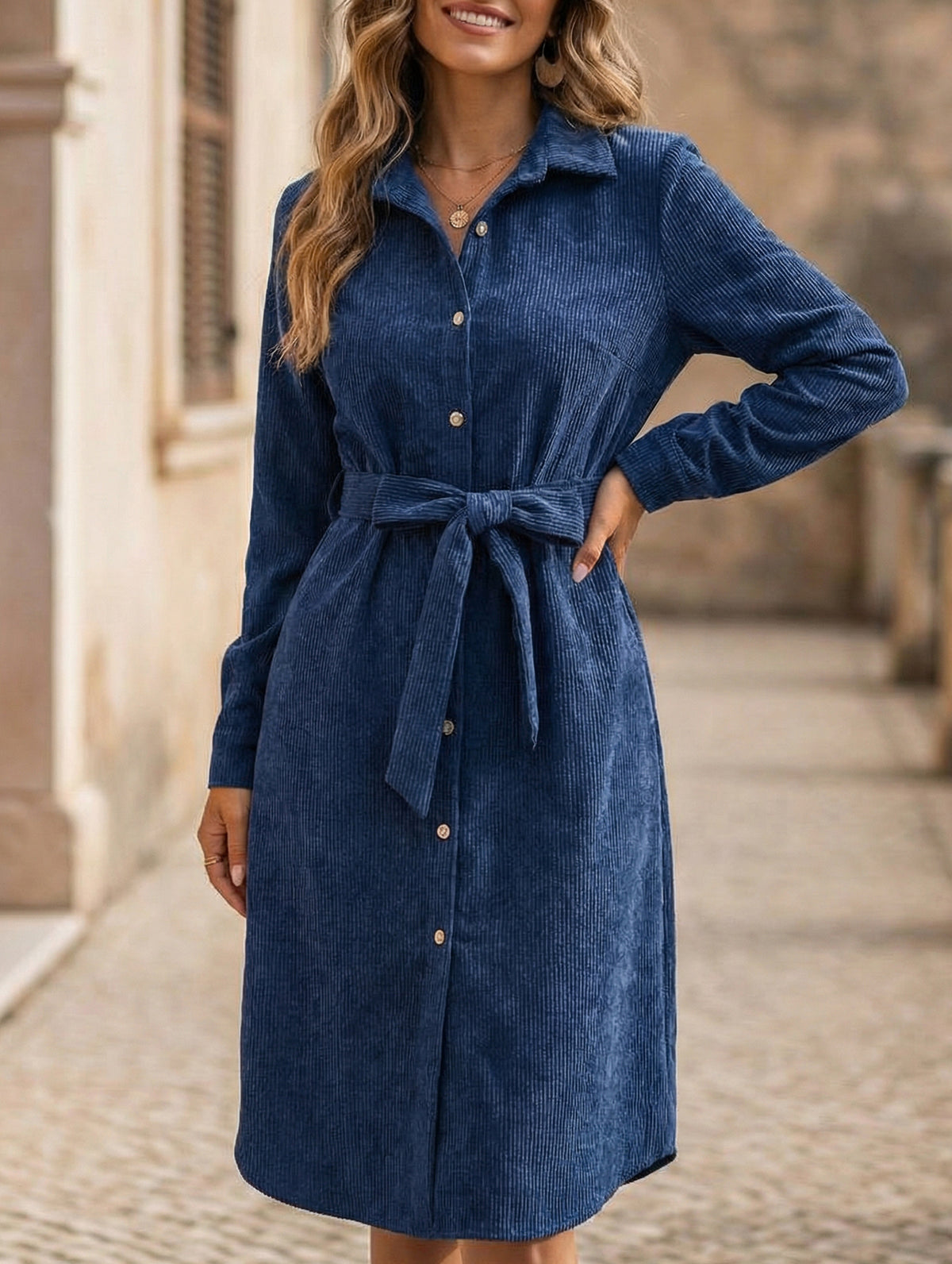 Corduroy Button Front Belt Shirt Dress